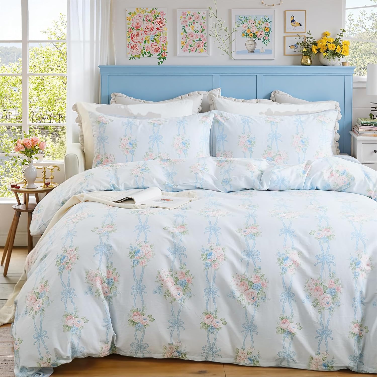100% Cotton Duvet Cover Queen Size Soft Cotton Chic Shabby Garden Blue Floral Bedding Set with 2 Pillowcases Vintage Soft&Breathable Comforter Cover Set with Zipper Closure