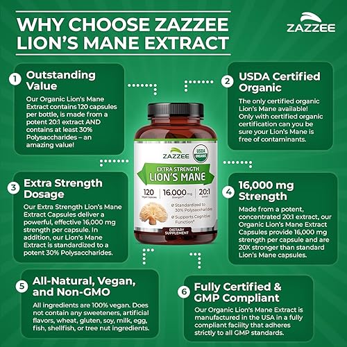 Miniatura 7 de Zazzee USDA Organic Lion's Mane 20:1 Extract, 30% Polysaccharides, 16,000 mg Strength, 120 Vegan Capsules, Nootropic for Brain Health, Focus,