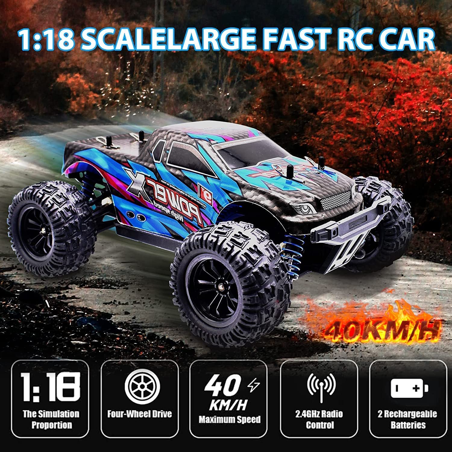 Pihura1:18 Scale Remote Control Car,40Km/H High Speed All Terrain Rc Car W/2.4Ghz Remote Control,4X4 Waterproof Off Road Rc Cars with Ledlight and Two Rechargeable Batteries for Kid and Adult 1