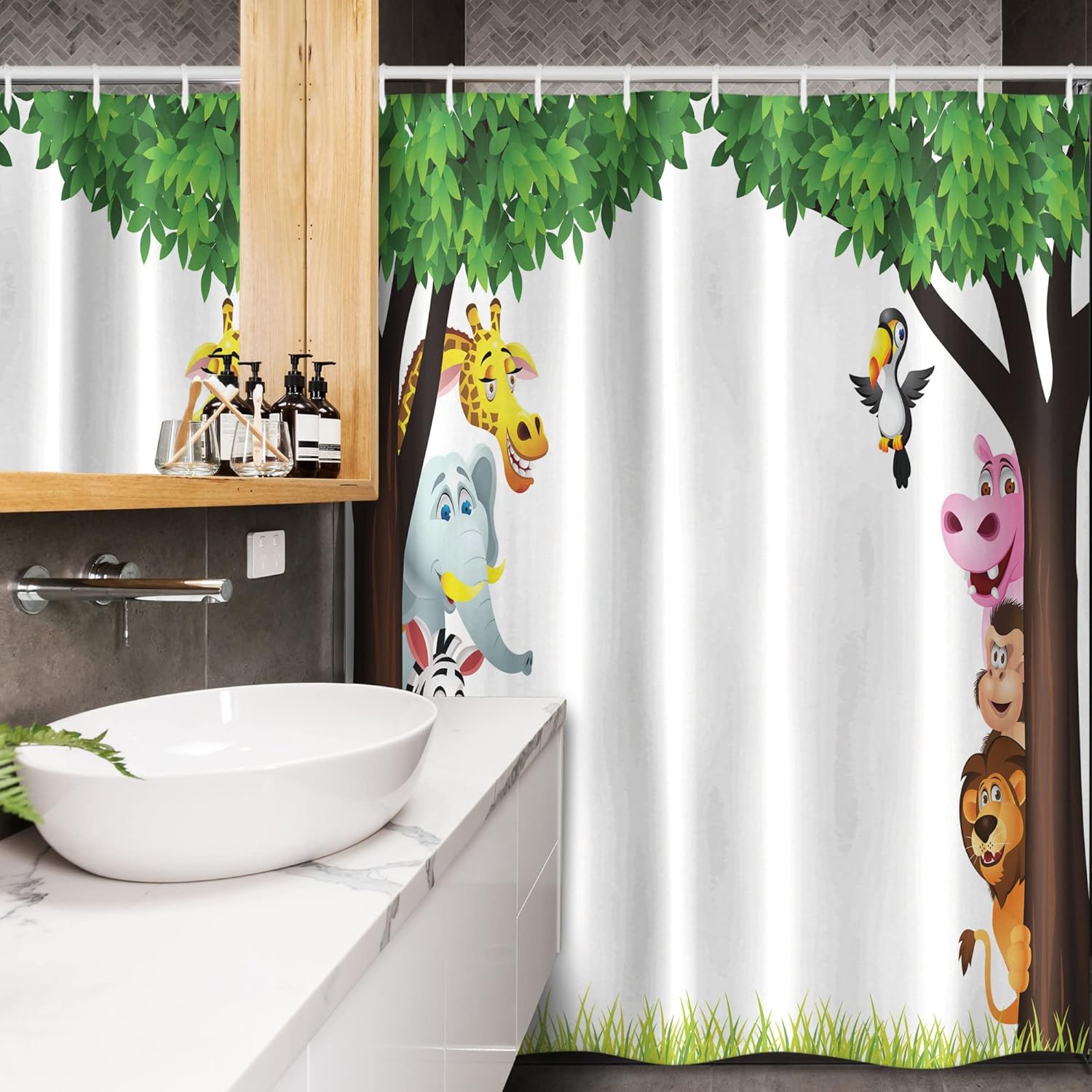 Ambesonne Cartoon Stall Shower Curtain, Big Trees and Friendly Jungle Savannah Animals Wilderness Tropical Wildlife, Fabric Bathroom Decor Set with Hooks, 54" W x 78" L, Green Multicolor