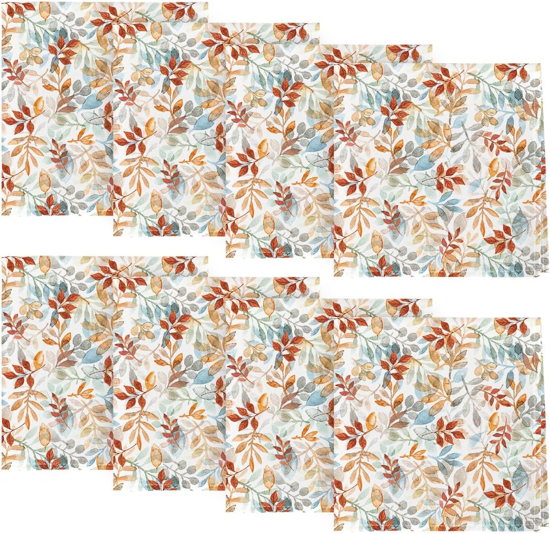 Horaldaily Fall Cloth Napkins, Orange Blue Watercolor Leaf Napkins Set of 4