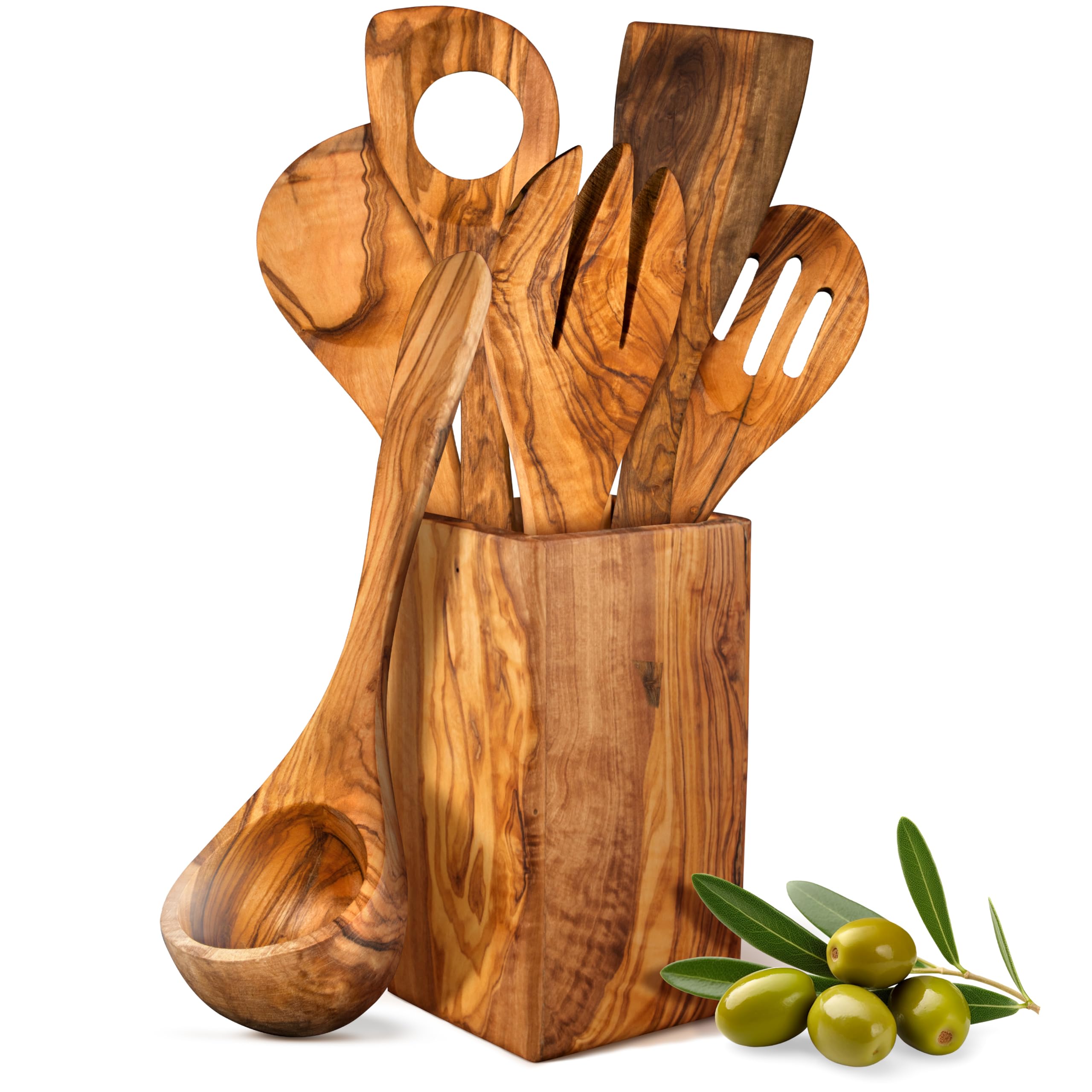 HORREA CAELIA - Set di 7 cucchiai, realizzato a mano in legno d'ulivo, spatola, mestolo, mestolo, cucchiaio, forchetta da insalata, cucchiaio, spatola con contenitore in legno d'ulivo, sostenibile
