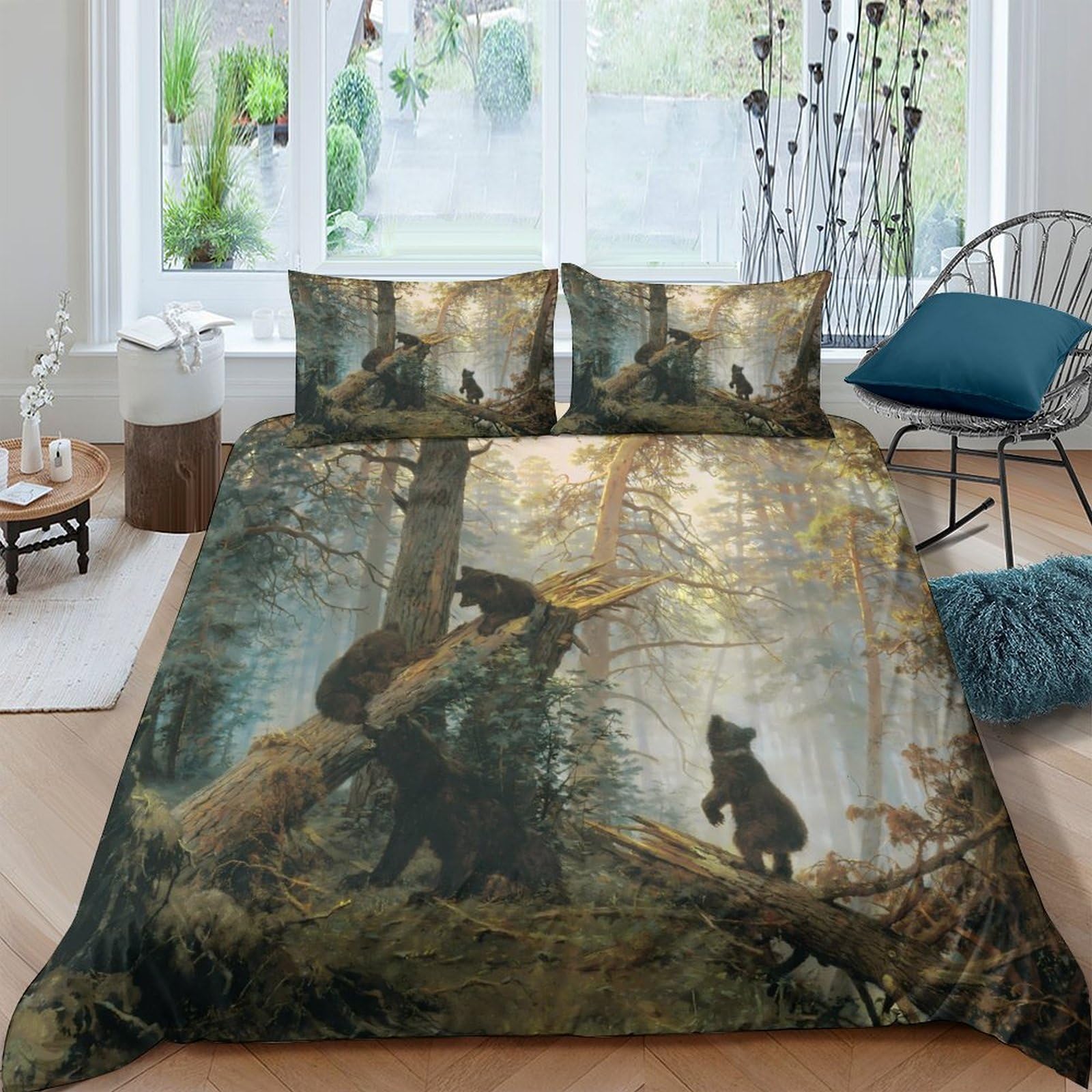 XFKLYNVCJ 3D Printed bear family Bedding Cover Brushed Microfiber wild forest scene Comforter Cover Soft Durable Machine Washable for Student Dorm Uni Accommodation Use Single（135x200cm）