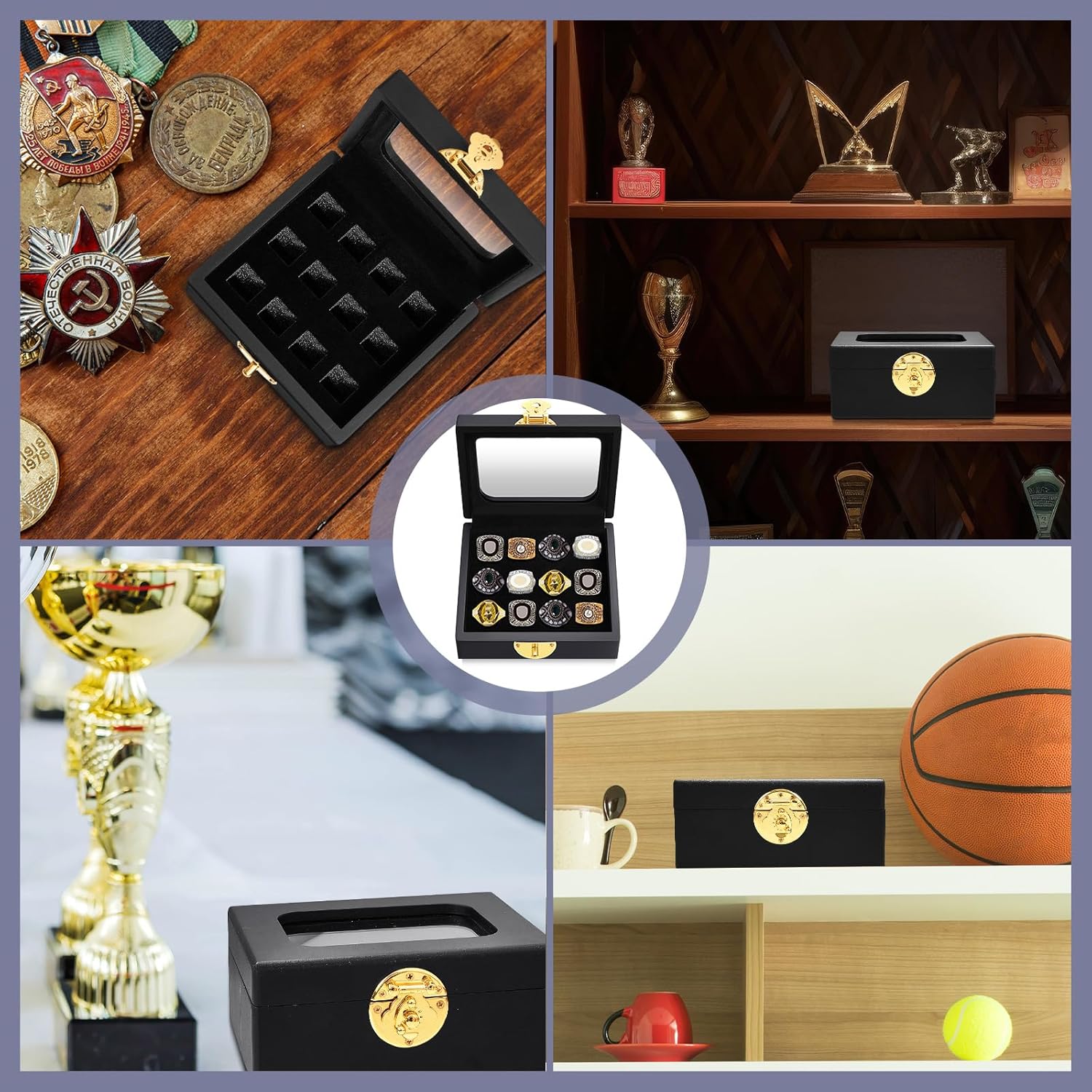 Equsion Championship Ring Display Case 12 Slots Baseball Ring Holder Box for Single Replica Baseball Softball Football Sports Souvenirs Storage Organizer Wooden Box