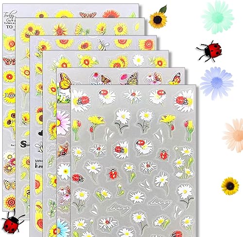 6 hojas de calcomanías de uñas de margaritas para arte de uñas, mariposa, flores, calcomanías de uñas 3D de flores amarillas y blancas, calcomanías