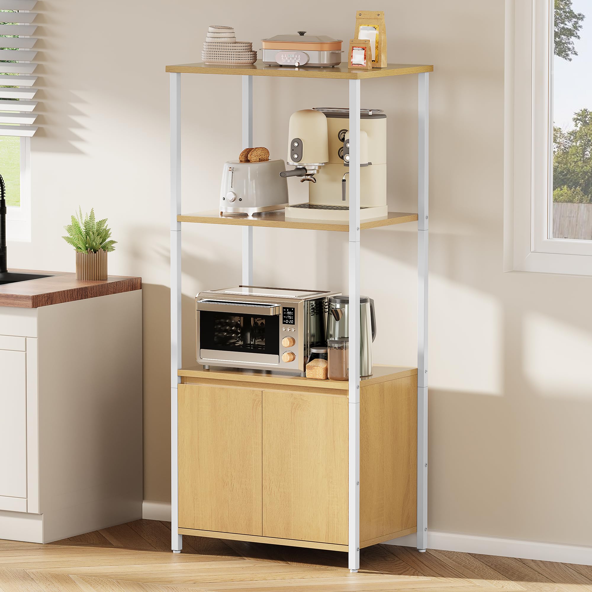 YITAHOME mensole da cucina, mensola per microonde, rack per panettieri per cucine con stoccaggio, stazione bar caffè, stand snack a 3 livelli con armadio, 55,9 x 36,1 x 120,9 cm, tavola di quercia