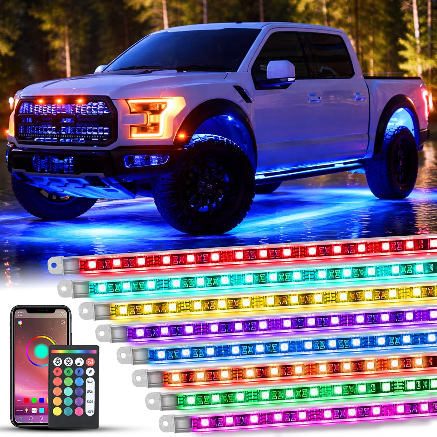 Nilight 8PCS Aluminum RGBW Underglow LED Strip Lights with APP &amp; Remote