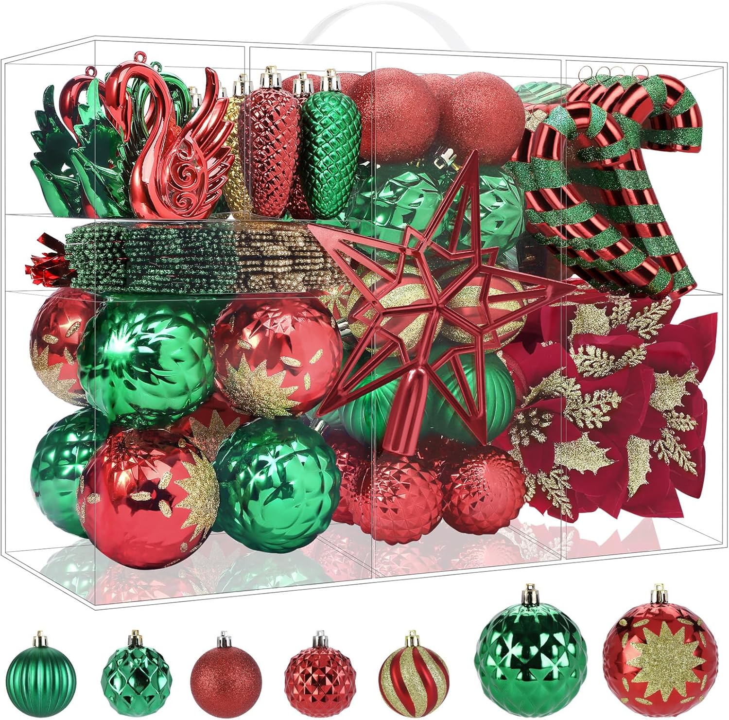 Alupssuc 128pcs Christmas Balls Ornaments Set, Shatterproof Plastic Baubles Christmas Flowers, Ribbon for Xmas Tree Holiday Wedding Party Decorations with Hanging Strings, Red and Green Gold
