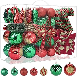 Alupssuc 128pcs Christmas Balls Ornaments Set, Shatterproof Plastic Baubles Christmas Flowers, Ribbon for Xmas Tree Holiday Wedding Party Decorations with Hanging Strings, Red and Green Gold
