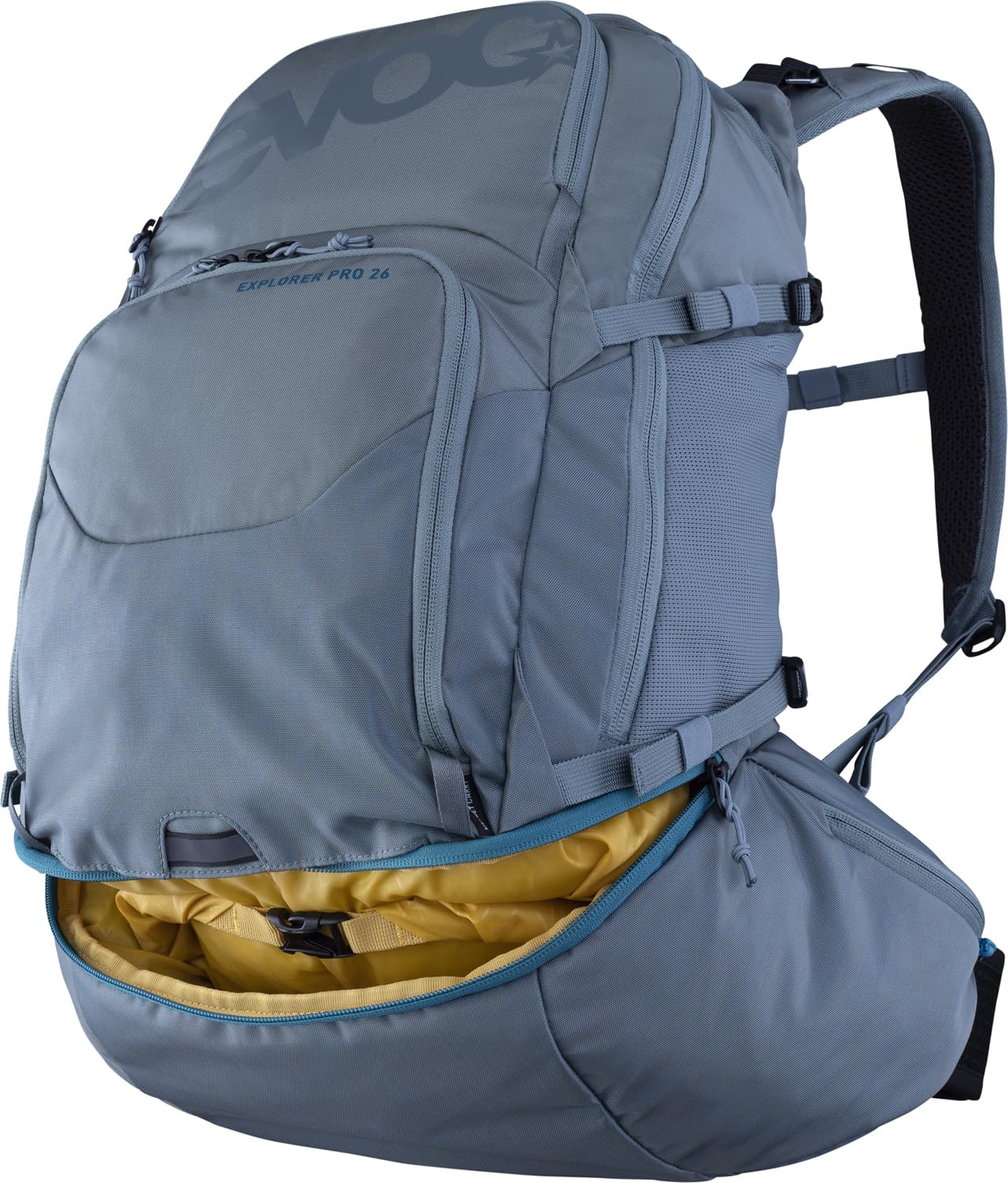 EVOC EXPLORER PRO 26, plecak (dla krótszych pleców, AIR FLOW CONTACT SYSTEM, pas biodrowy AIRO FLEX, w tym komora na bukłak do 3 l i pokrowiec przeciwdeszczowy, jeden rozmiar), stalowy