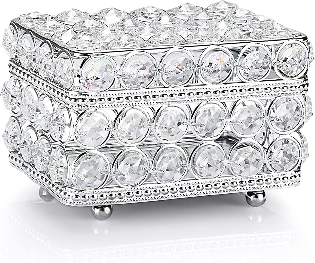 SUMTree Crystal Jewelry Box Trinket Storage Organizer Box with Lid For Earrings Rings Jewelry Trinkets (Silver,12*8*7CM)