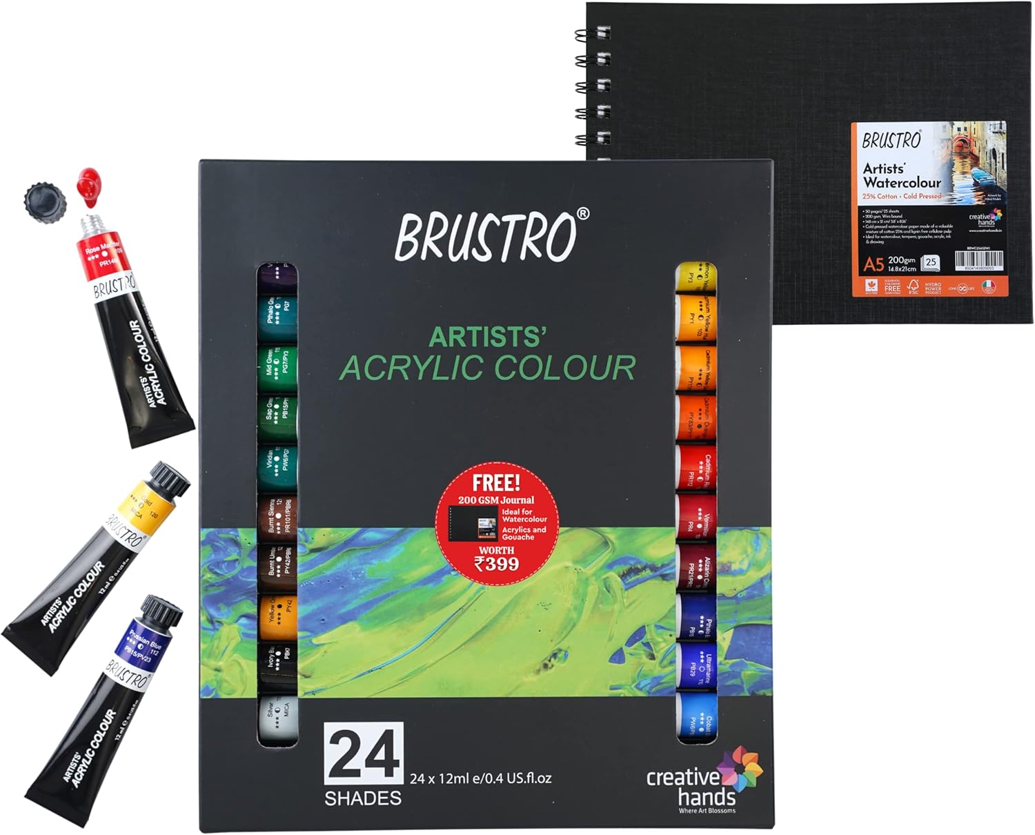 BRUSTRO Acrylic Paint set of 24, Multicolour 12ml tubes, Free 200 gsm