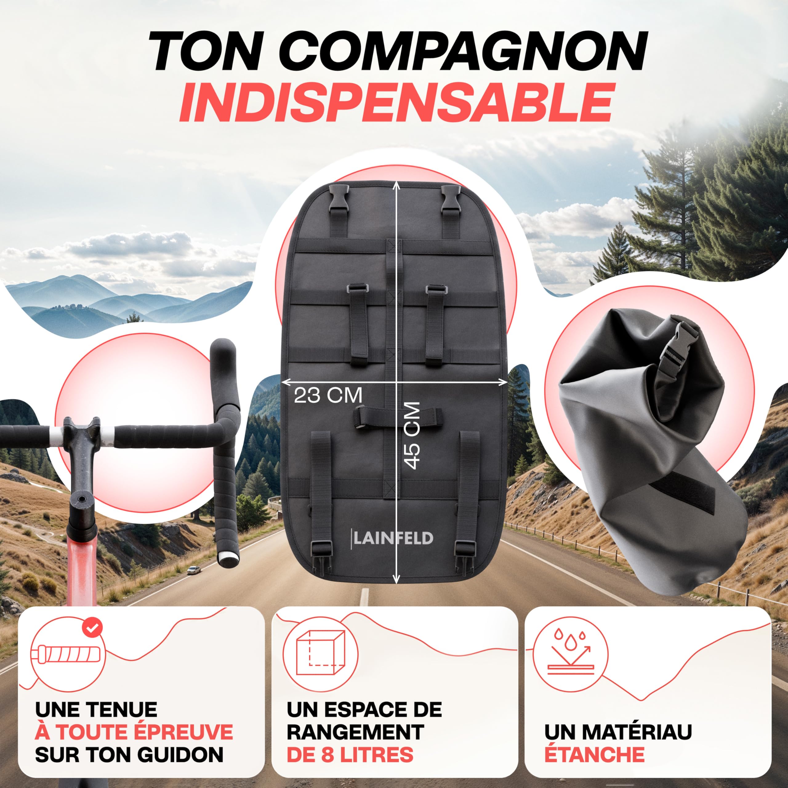 LAINFELD Sacoche de Guidon de vélo [8 litres] | 100% étanche | Impression réfléchissante – Sacoche de vélo Avant pour vélo VTT | Sac de guidon étanche pour VTT, vélo électrique, gravier et vélo de route