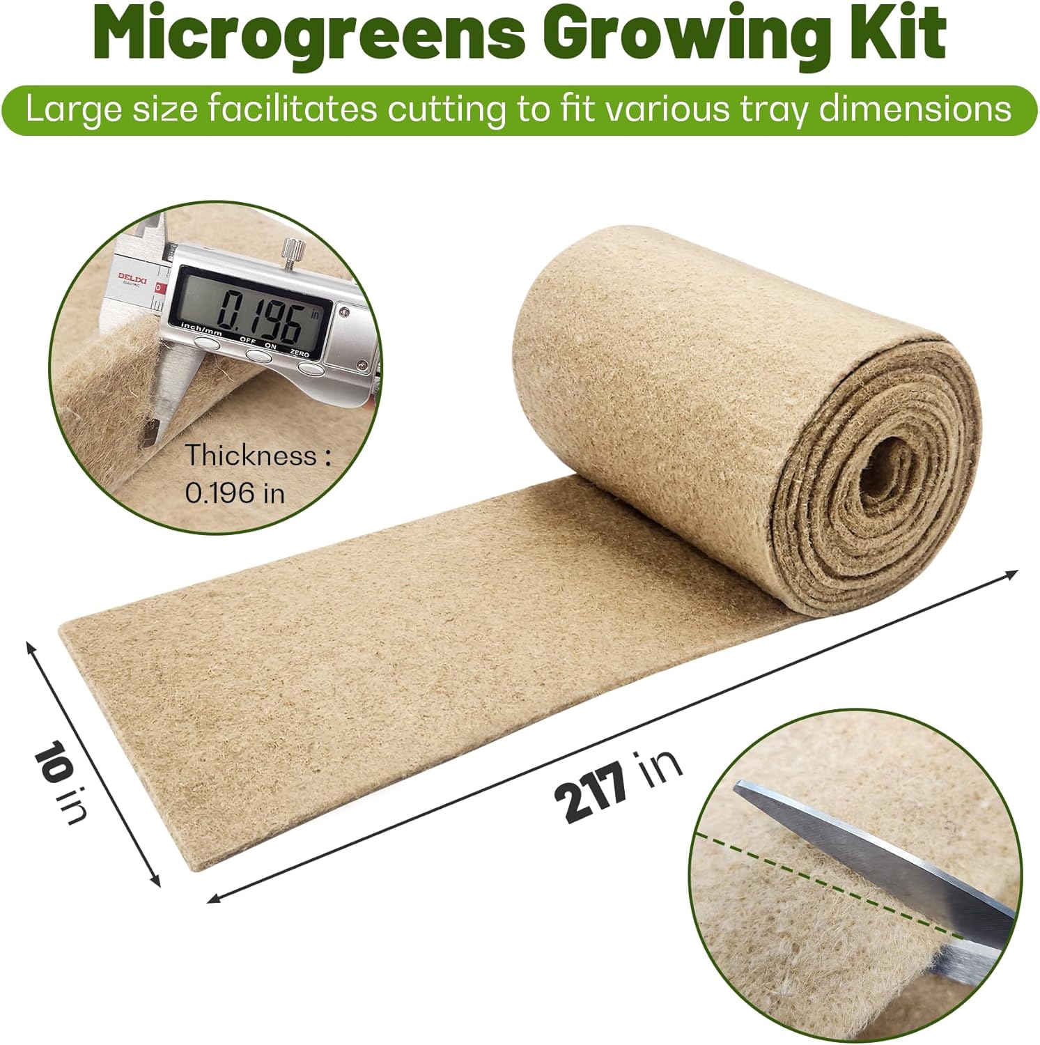 KEOHOLI 10" x 217" Microgreens Growing mat,Grass Seed mat, Natural Hydroponic Pad for Wheatgrass, Bean Sprouts, Pea Shoots, Indoor Organic Gardening Supplies