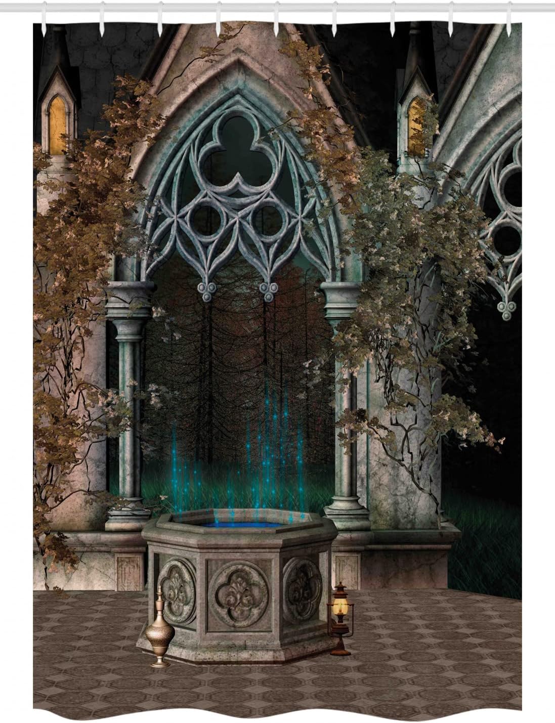 Ambesonne Gothic Stall Shower Curtain, Patio with Enchanted Wishing Well Ivy on Antique Gateway to Forest, Fabric Bathroom Decor Set with Hooks, 54" W x 78" L, Teal Grey