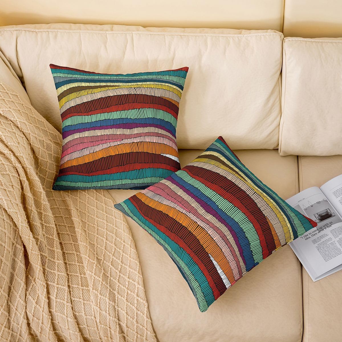Erosebridal Set of 2 Boho Throw Pillow Covers 24x24 Bohemian Wavy Pillow Covers Rainbow Embroidered Waves Cushion Covers Geometric Tribal Ethnic Colorful Abstract Decorative Pillow Covers for Adult