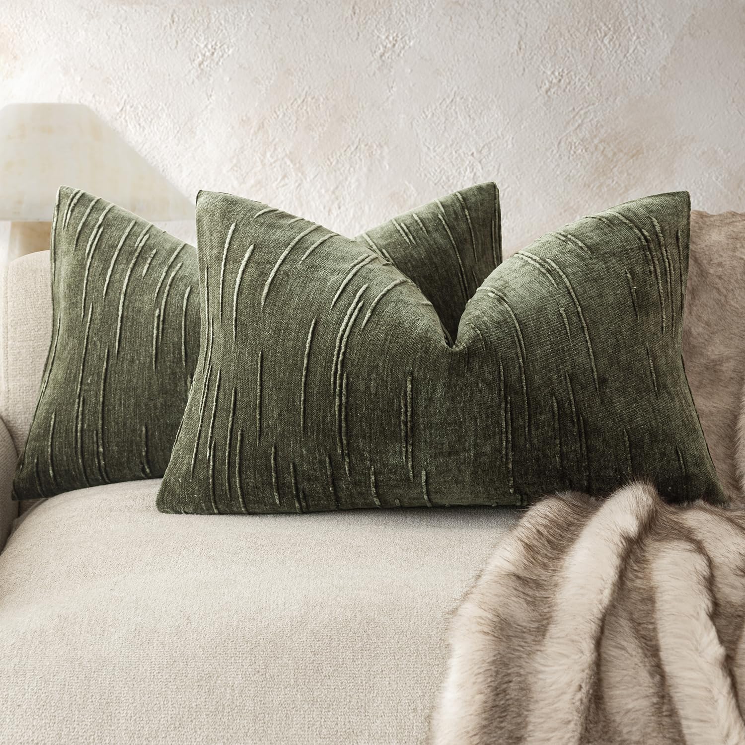 Foindtower Textured Chenille Lumbar Pillow Covers 12x20 Dark Olive Green