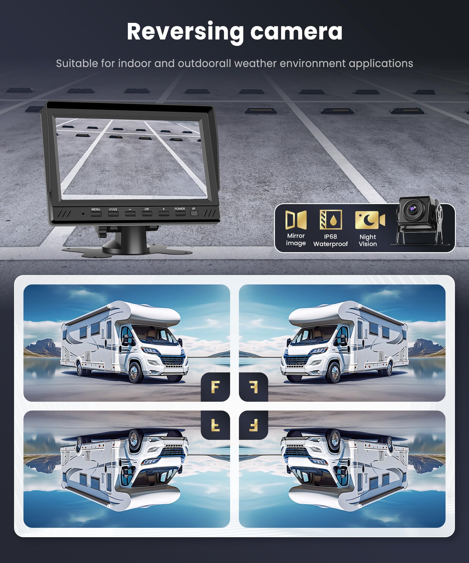 VECHTEL 2*Rückfahrkamerakabel mit 7"-Monitor, Einparkhilfe, 18-LED-Rückfahrkamera, Nachtsicht/IP68 wasserdicht für SUVs, Loop-Videoaufzeichnung mit 64-GB-SD-Karte, 12–24 V DC