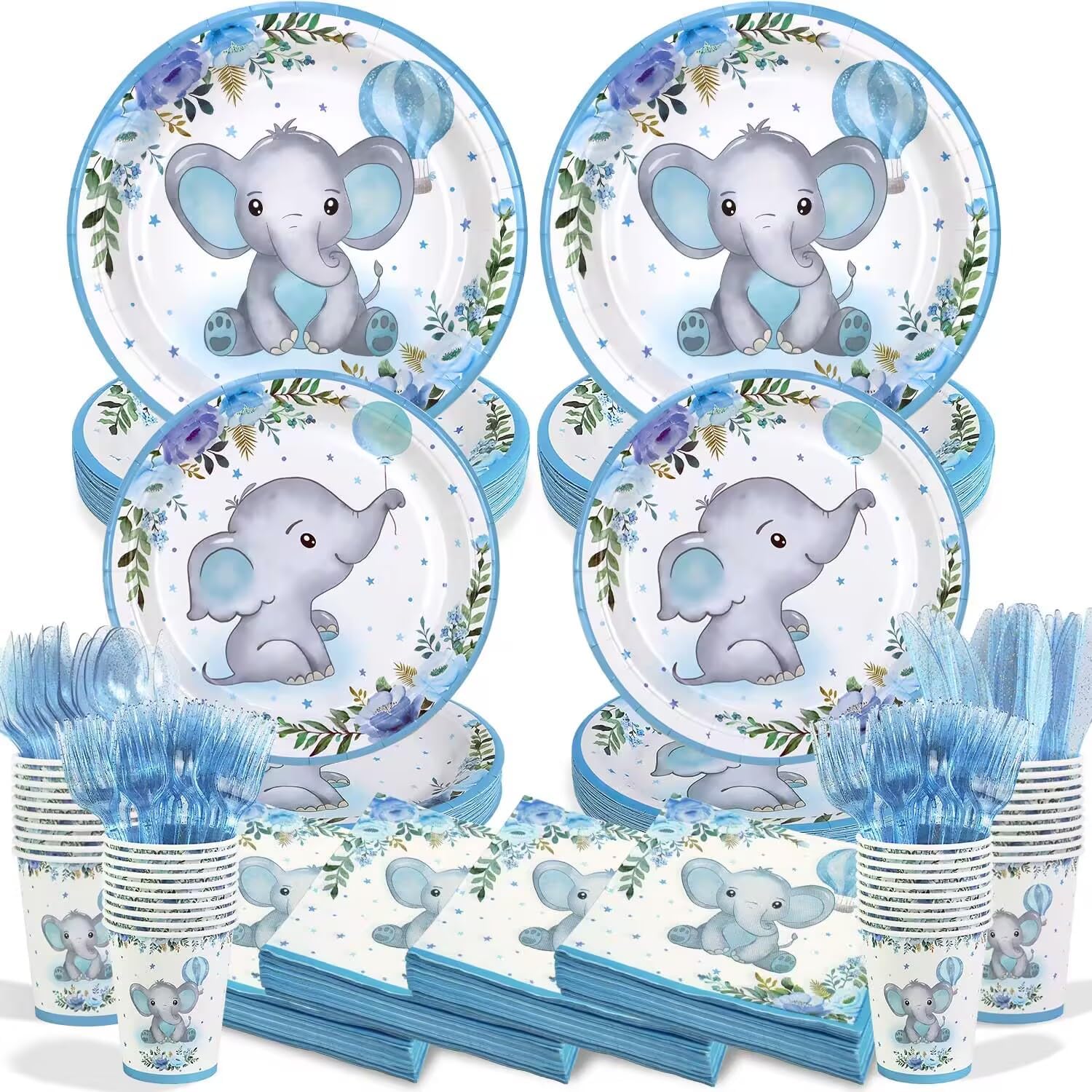 175Pcs Baby Boy Shower Decorations Plates Set for 25 Guests, Elephant Baby Shower Paper Plates Napkins Cups and Utensils Tableware Blue Floral Theme Birthday Party Supplies