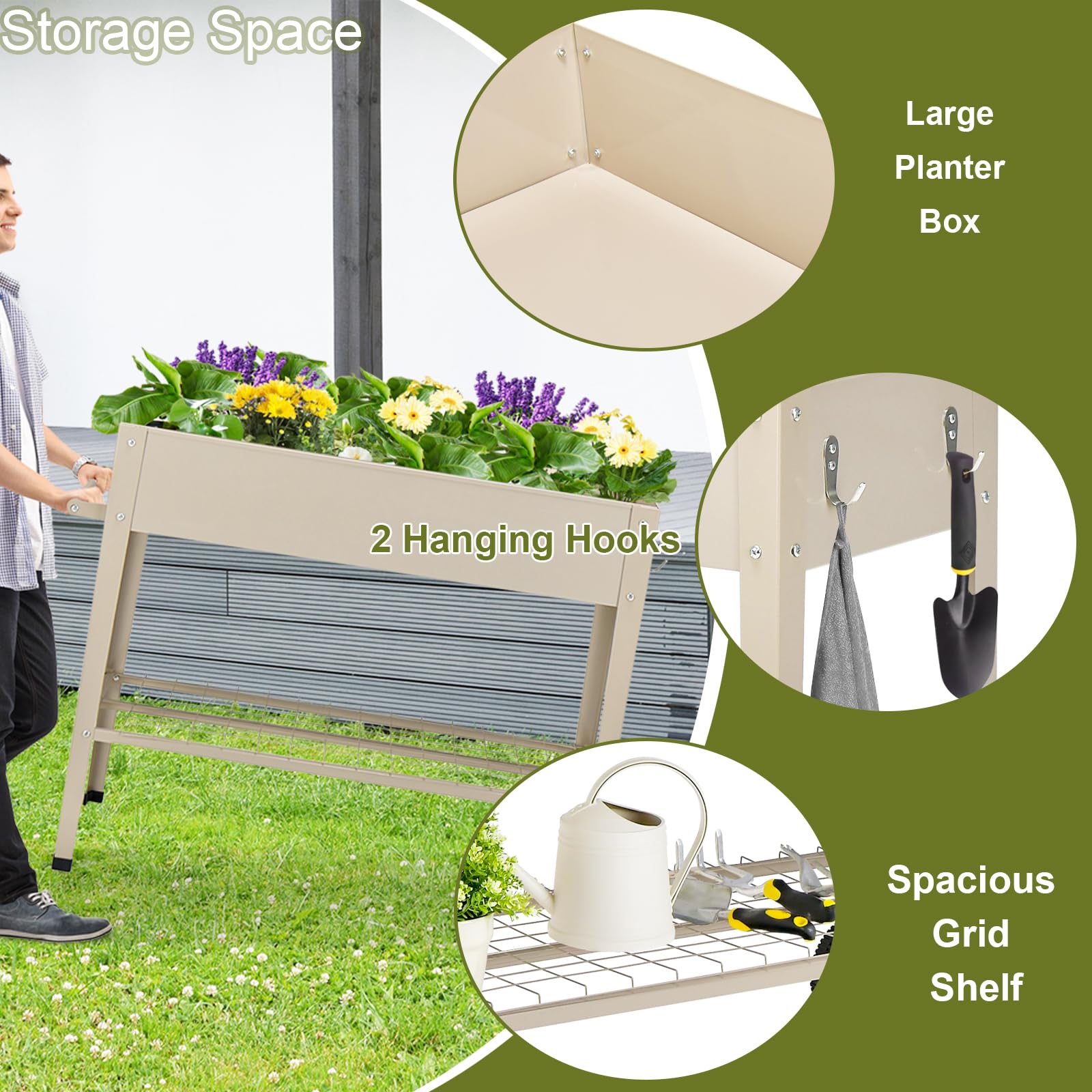 HOMASIS Cama Elevada para Jardín con 2 Ruedas, Maceta Grande Elevada de Metal con 2 Ganchos, Maceta Móvil para Verduras, Flores, Hierbas, Patio, 95 x 40 x 80 cm (Beige)