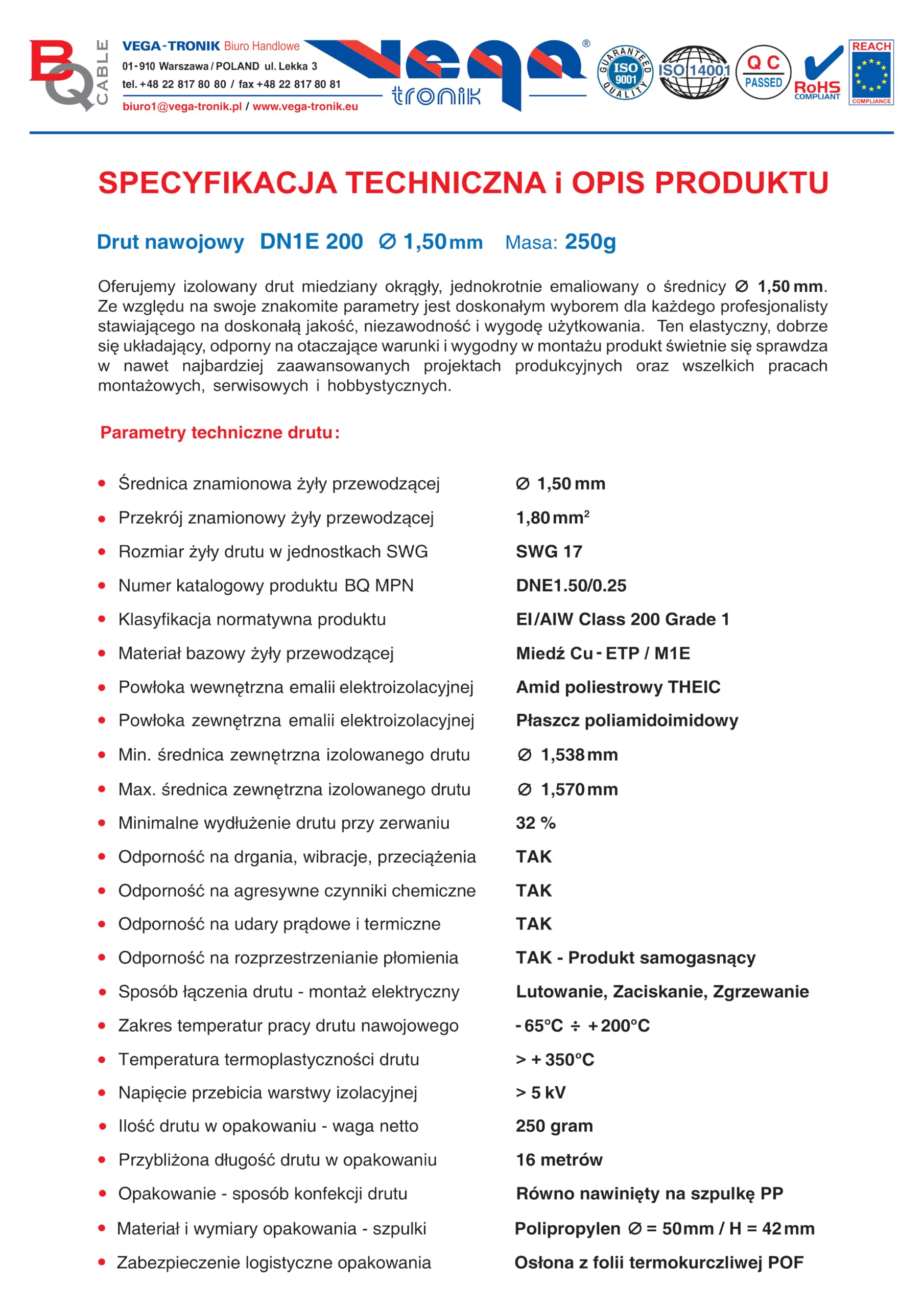 Drut Nawojowy DN1E 200 ⌀1,50 mm Waga: 250 g