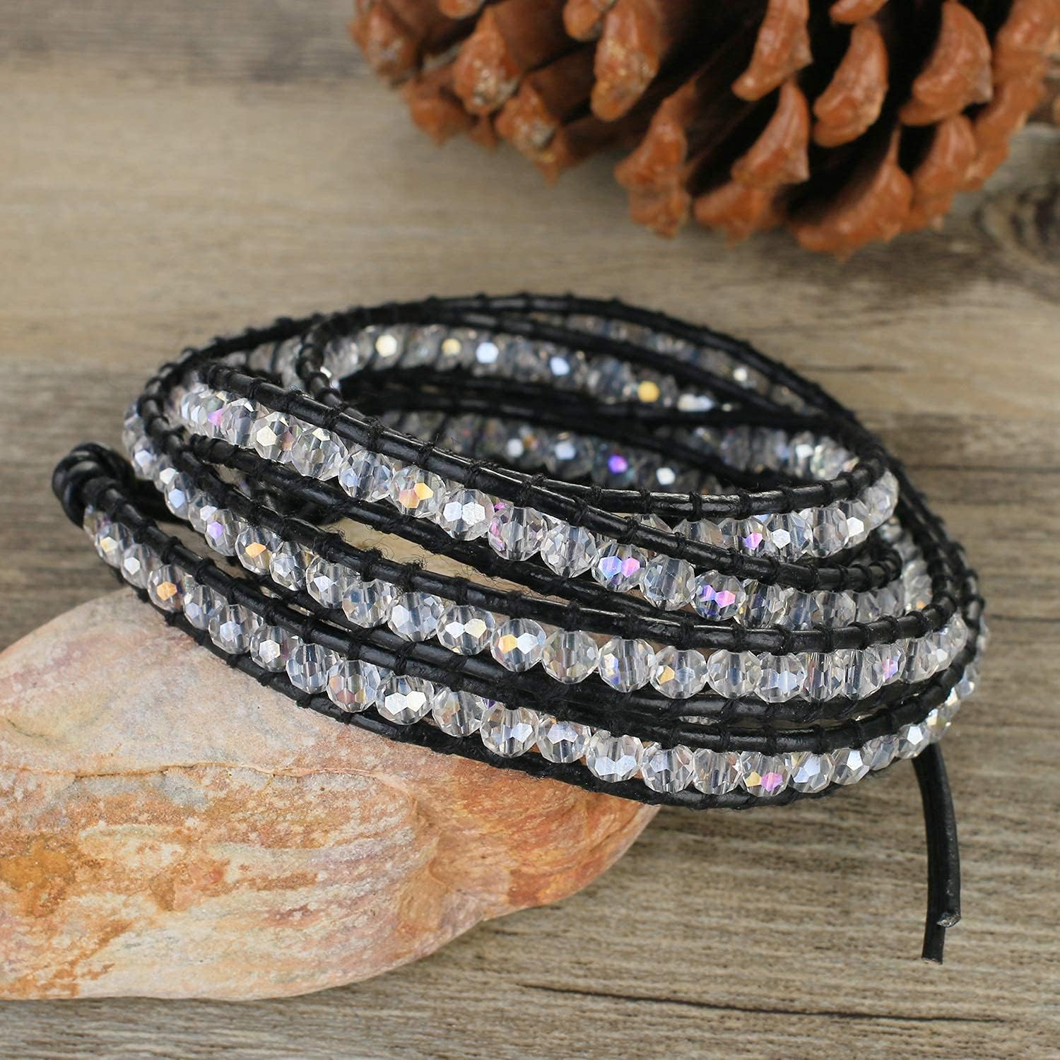 KELITCH Women Gray Clear Crystal Bracelets Beaded 5 Wrap Bracelet Handmade Leather Strand Bracelets New