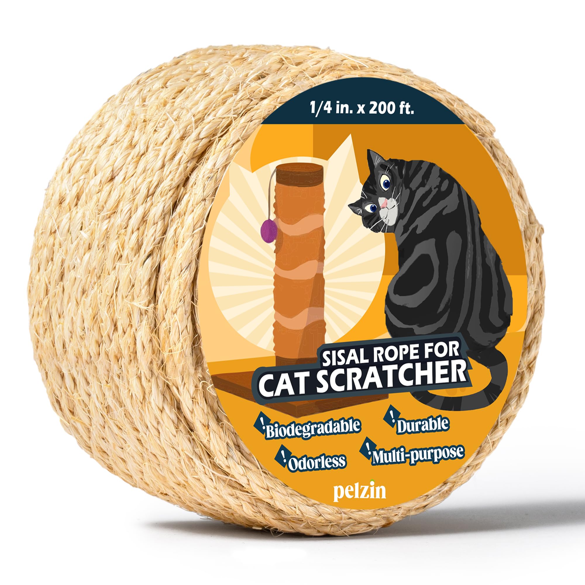 Pelzin Natural Sisal Rope for Cat Scratcher 1/4 Inch by 200 Feet, Cat Tree Rope Twine for Cat Scratching Post Replacement, Cat Tower with Scratch Post