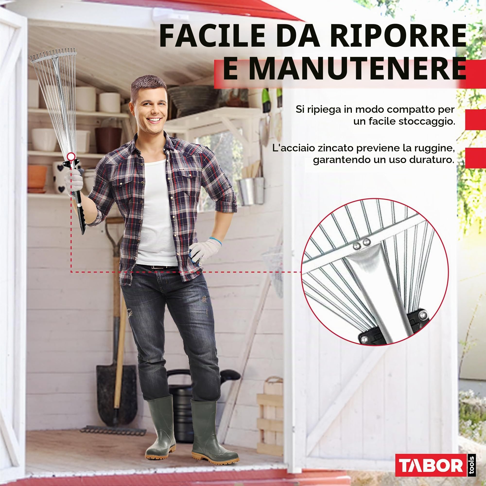TABOR TOOLS J16E - Rastrello telescopico in metallo, lunghezza 160 cm, rastrello pieghevole regolabile per pulire rapidamente prato e cortile, rastrello per foglie da giardino, manico espandibile con
