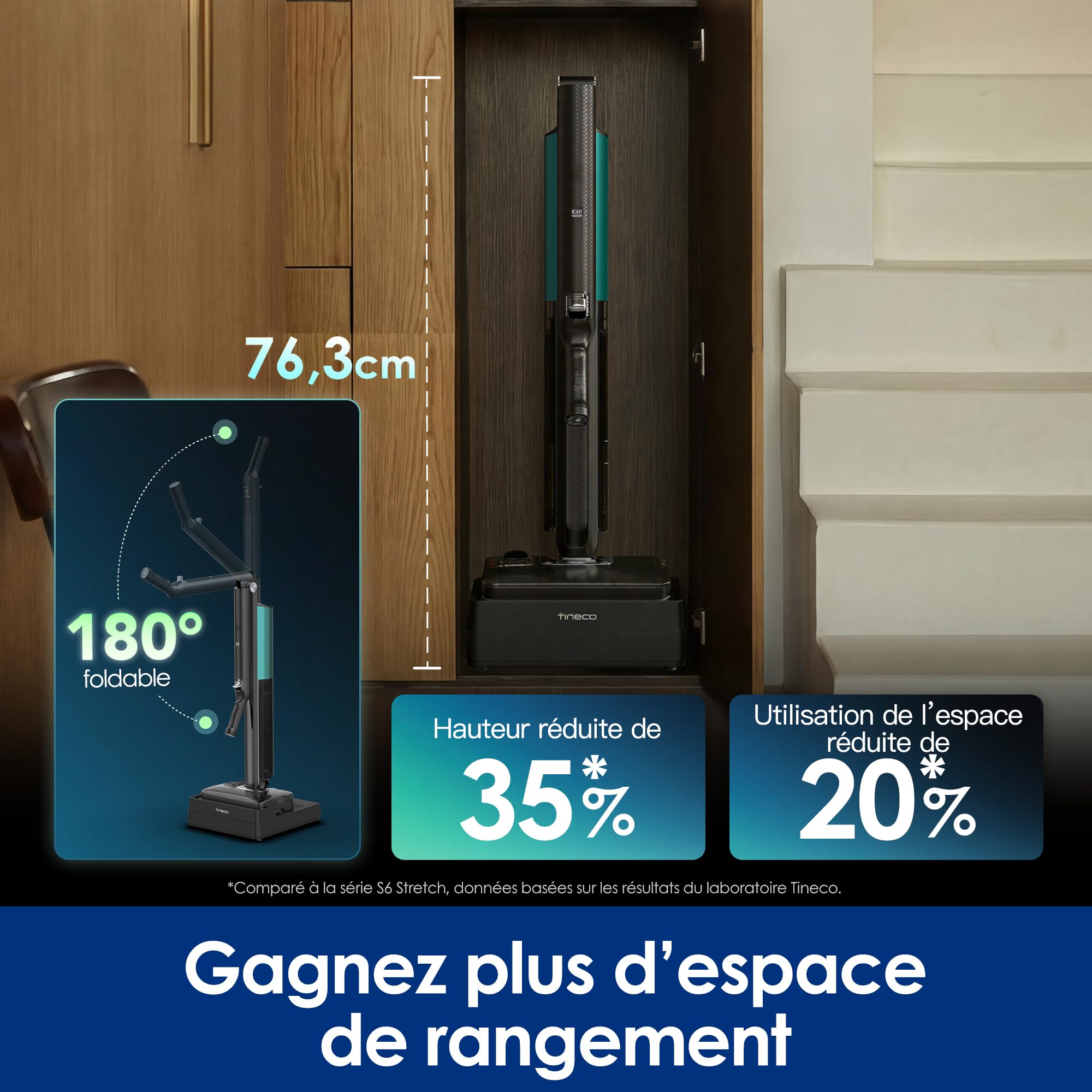 Tineco Floor One i7 Fold aspirateur Eau et poussière, Aspiration 22 kPa, Conception Anti-emmêlement DualBlock, FlashDry 85 ℃, autonomie 50 Min, Nettoyage des Bords Double Face, Design Plat à 180°