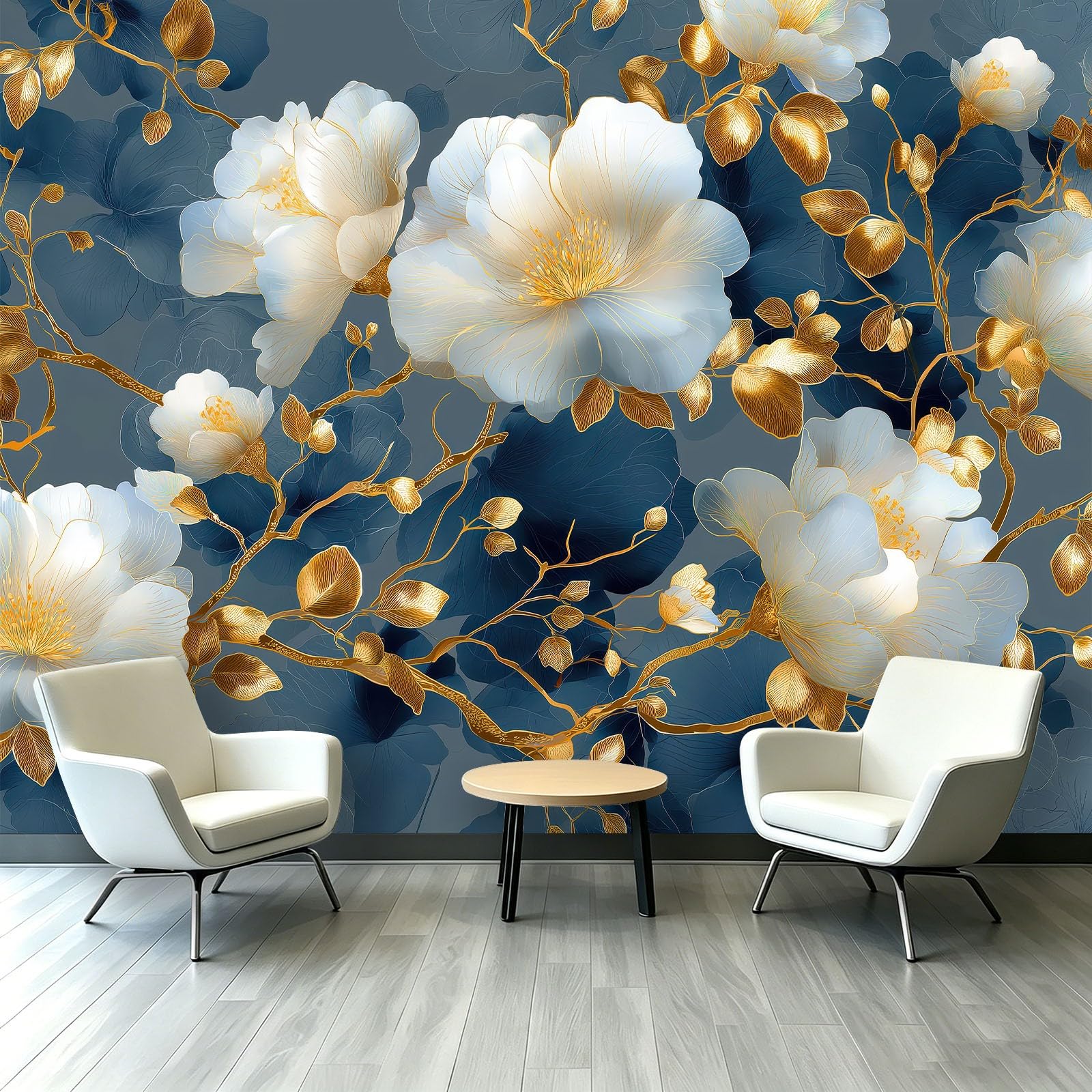 Tapeta 3D - Piwonia Kwiaty Złote Liście 300x210cm Panoramiczna tapeta ścienna na ścianę za telewizorem Salon Łazienka i sypialnia Kuchnia Dekoracja ścienna - orientalna elegancka