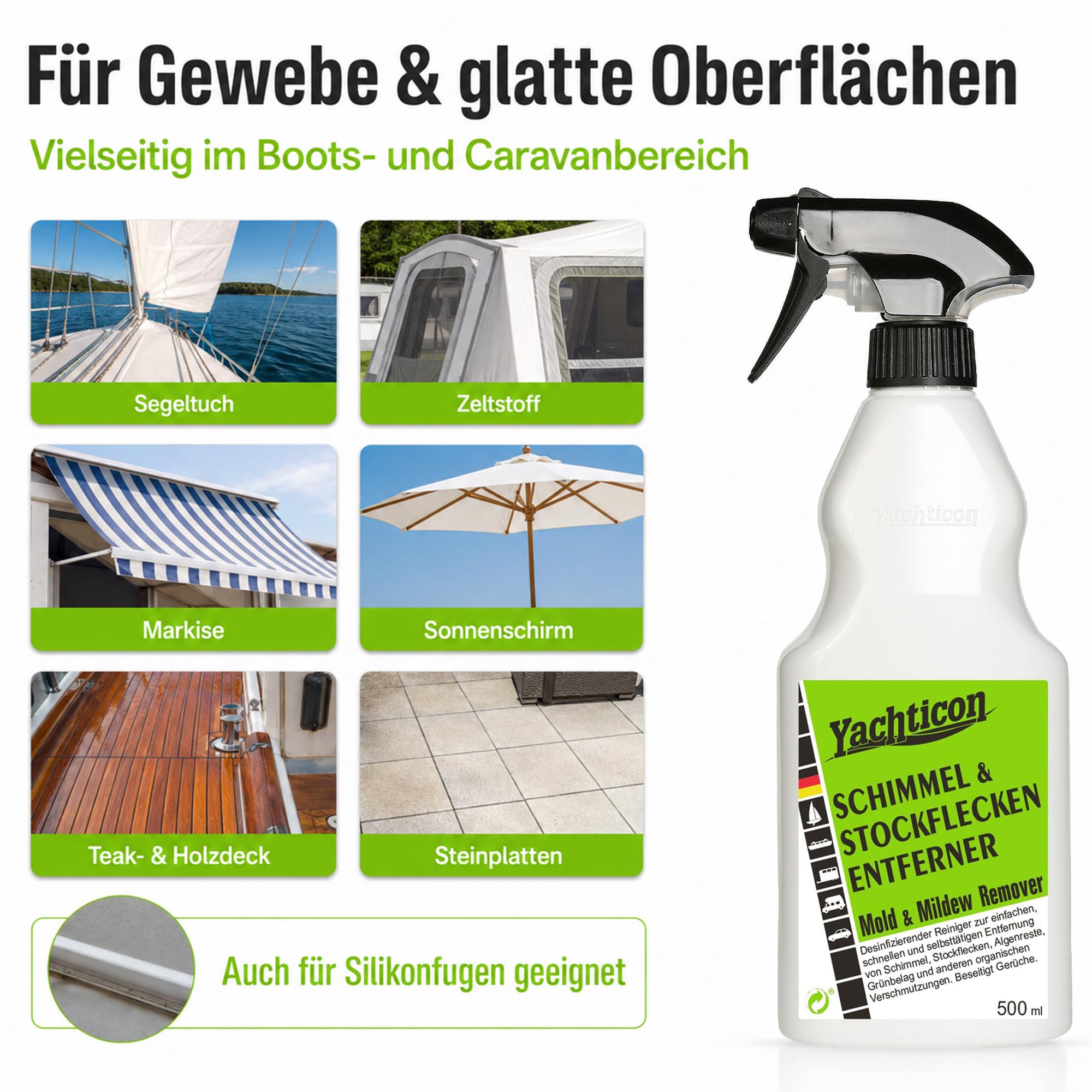 YACHTICON Schimmel & Stockflecken Entferner – Effektive Lösung gegen Flecken und Gerüche auf Boot, Wohnmobil, Zelt, Bad, Polstern, Kunststoff, Textilien