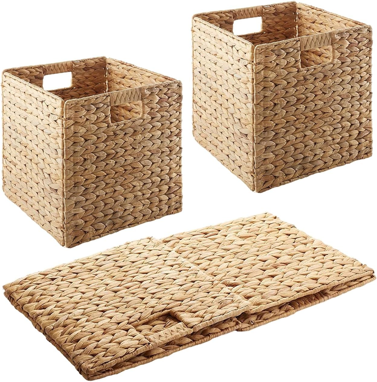 10.5x10.5'' Set of 3 Cube Storage Baskets, Natural Water Hyacinth Multipurpose Collapsible Organizers, Woven Laundry Totes for Laundry, Storage Cubes,Wicker Baskets Laundry Organizer Totes for Home