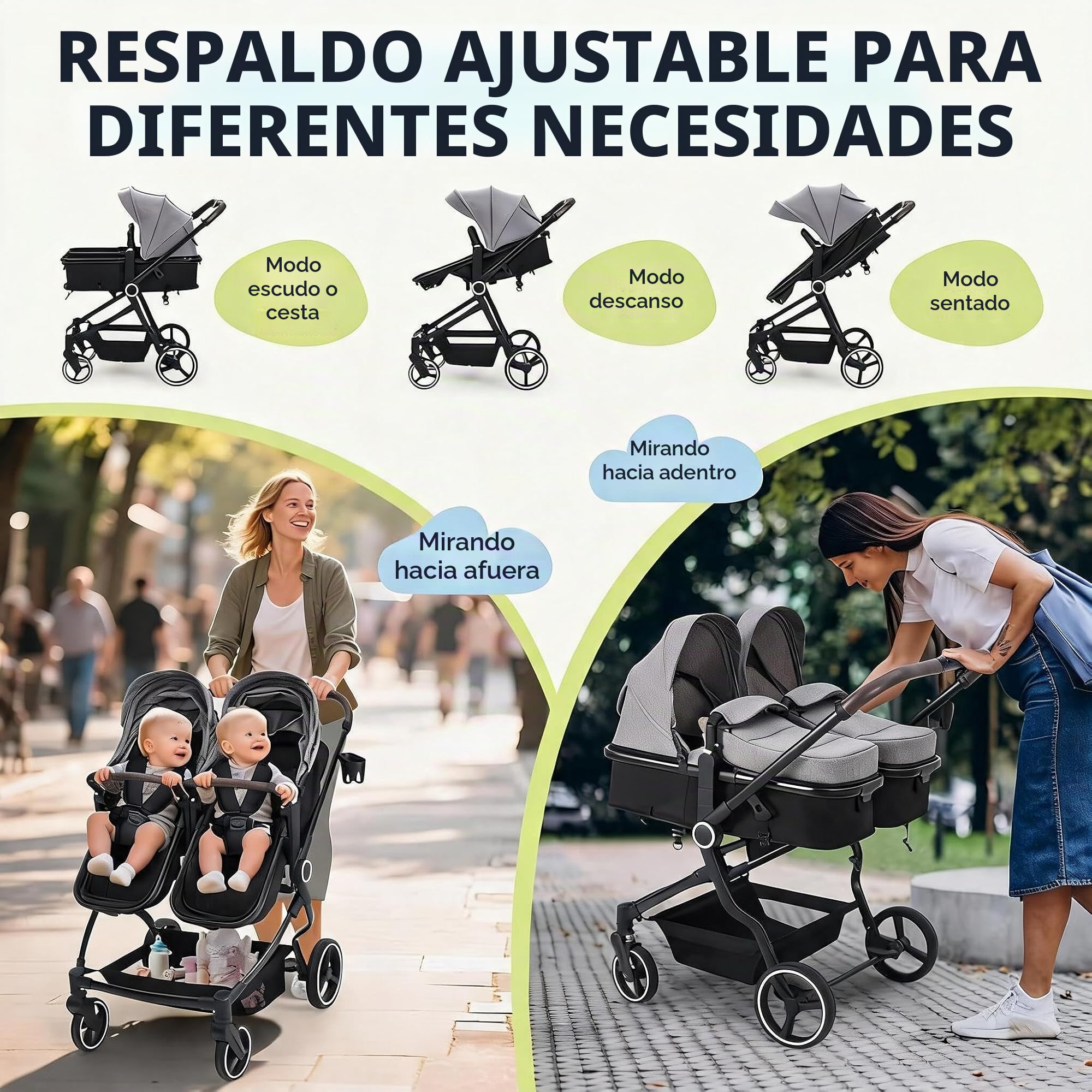 Silla Gemelar de Paseo Ligero con Asiento Reversible, Asiento Ajustable, Cochecito Bebé con Moisés y Parasol, Arnés de 5 Puntos y Freno de Pie, Plegable, Marco de Aleación de Aluminio, Máxima 30 kg