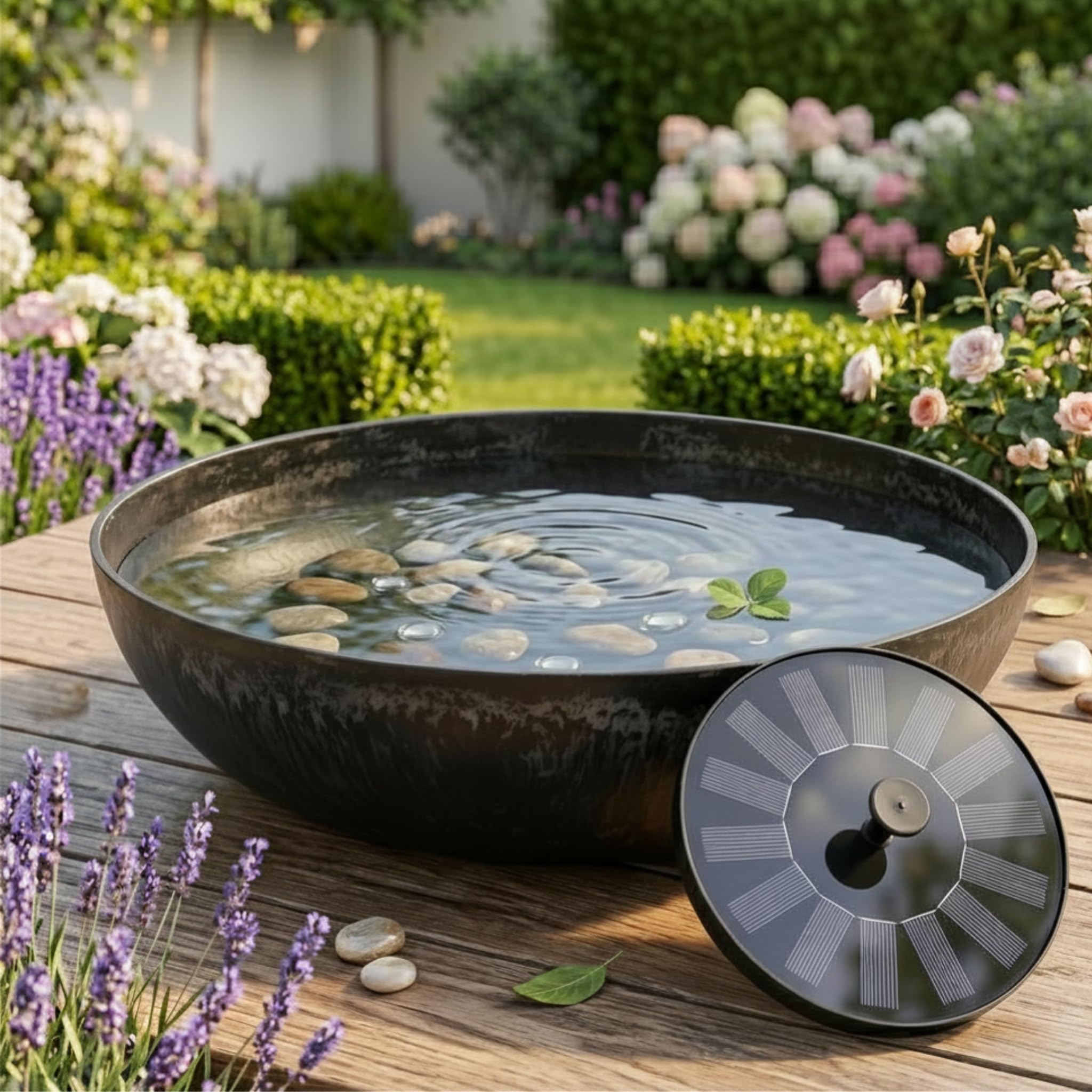 matches21 HOME & HOBBY Outdoor Solar Fountain Set with Battery – 45 cm Bowl Bulbous Black with Floating Solar Fountain