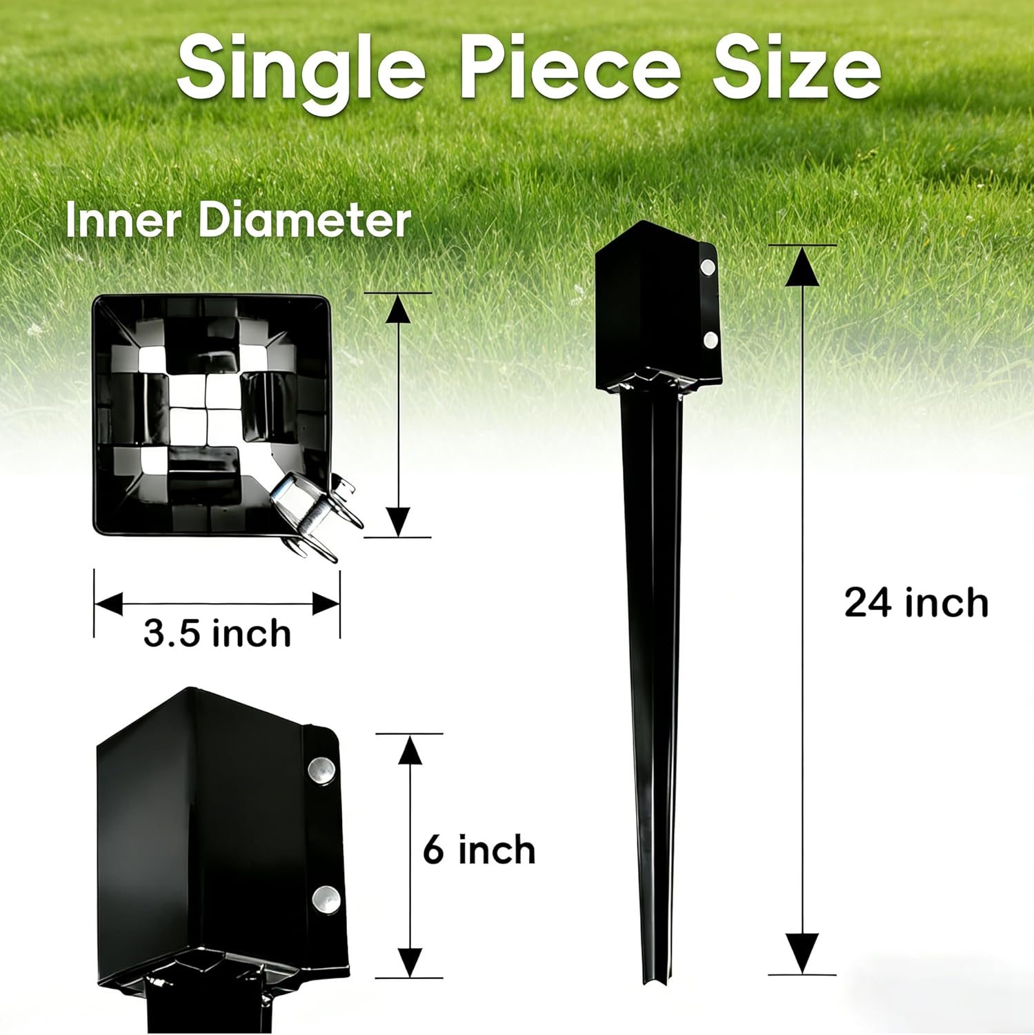 4 Pack 24'' Fence Post Anchor Ground Spike Metal Black Powder Coated 24 x 4 x 4 Inches Outer Diameter (Inner Diameter 3.5 x3.5 Inches)