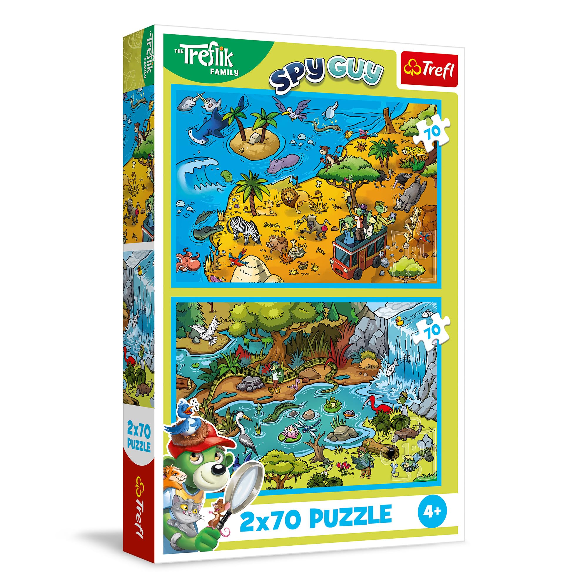 Trefl – 2in1 Puzzle: The Treflik Family, Trefliks im Tierland - 2 x 70 Teile, Zweier-Puzzle-Set für Kinder ab 4 Jahren
