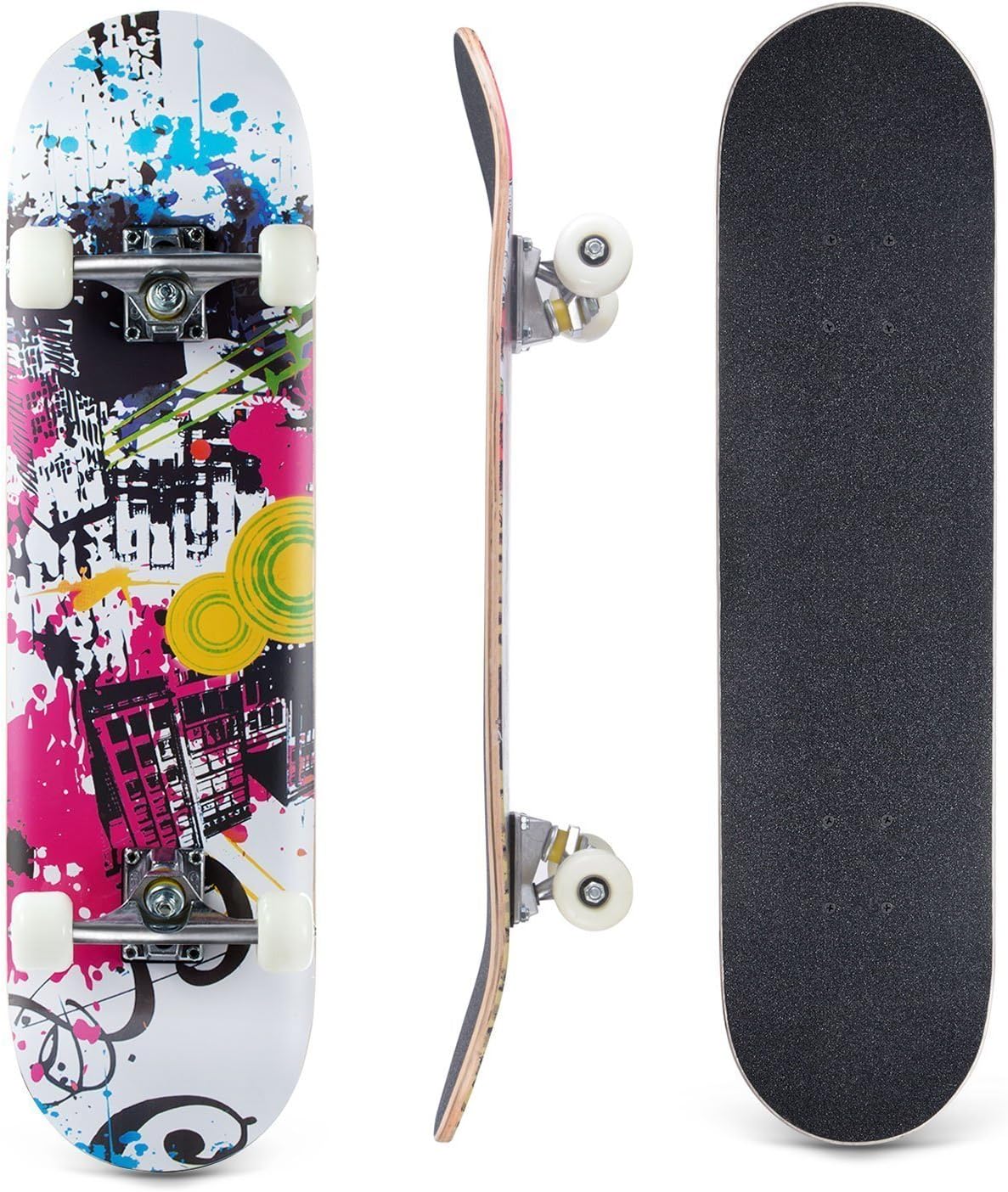 Lelly Q Complete Skateboard - 31" x 8" Inches,8 Layer Maple Wood Tricks Skate Board for Beginner,Birthday Gift for Extreme Sports and Outdoors (Charming City)