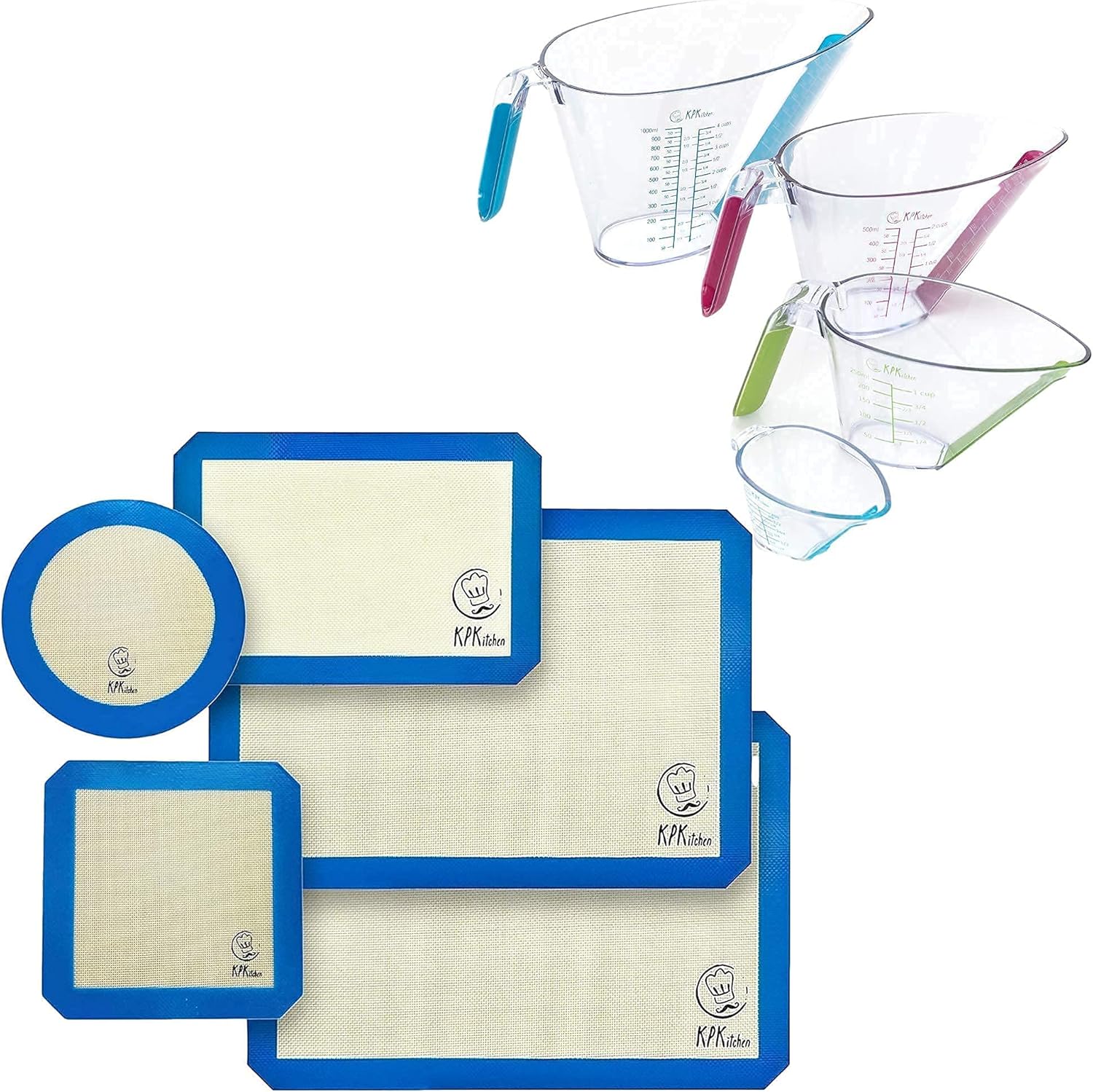 KPKitchen Silicone Baking Mats Set of 5 and 4-Piece Liquid Measuring Cups Set - 2 Half Sheets Mats + 1 Quarter Sheet Liner + 1 Round & 1 Square Mat - Includes Mini Ounce, 1, 2 and 4 Plastic Cup Sizes