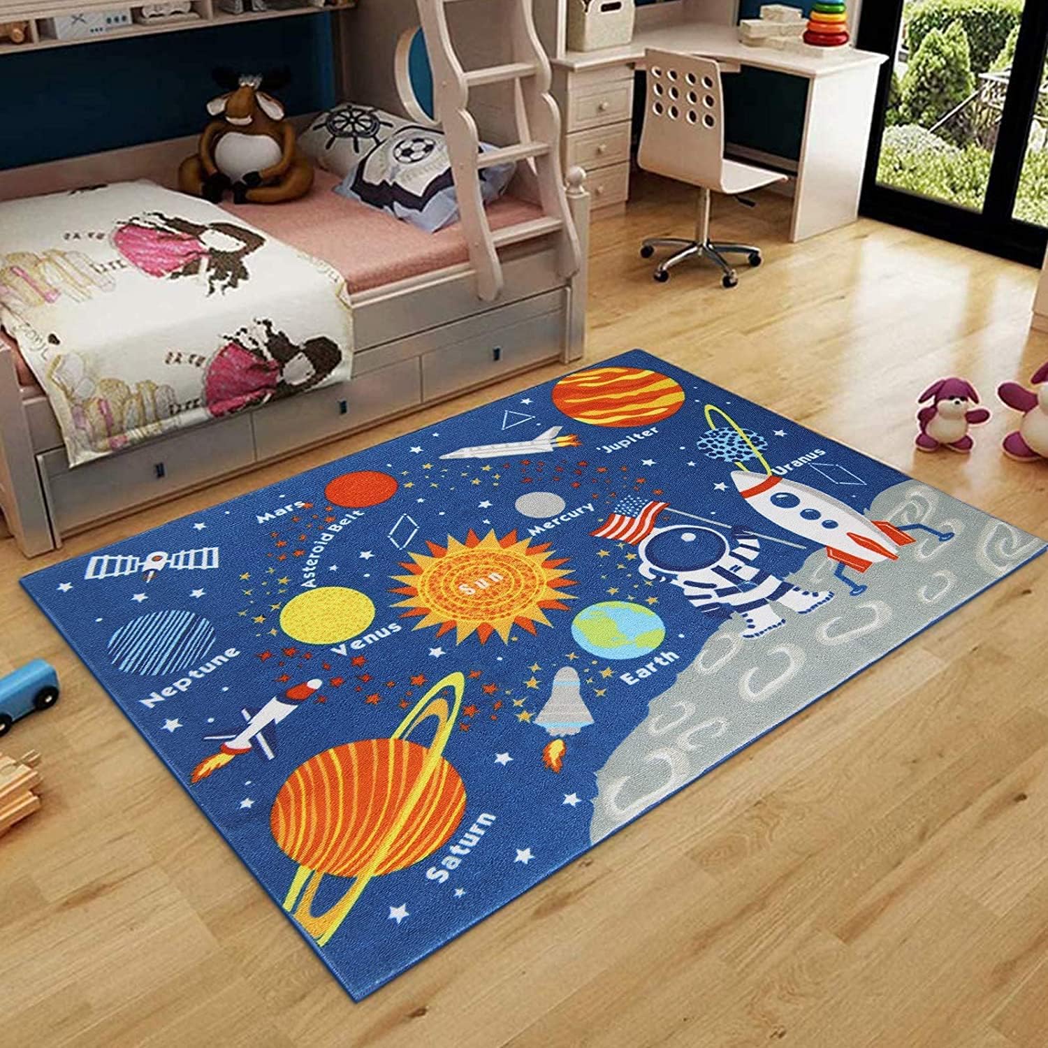 HUAHOO Kids Rug Educational Learning Carpet Galaxy Planets Stars Blue Children's Fun Area Rug Nursery Rugs Solar System Rectangle Rug (Stars, 52"x75")