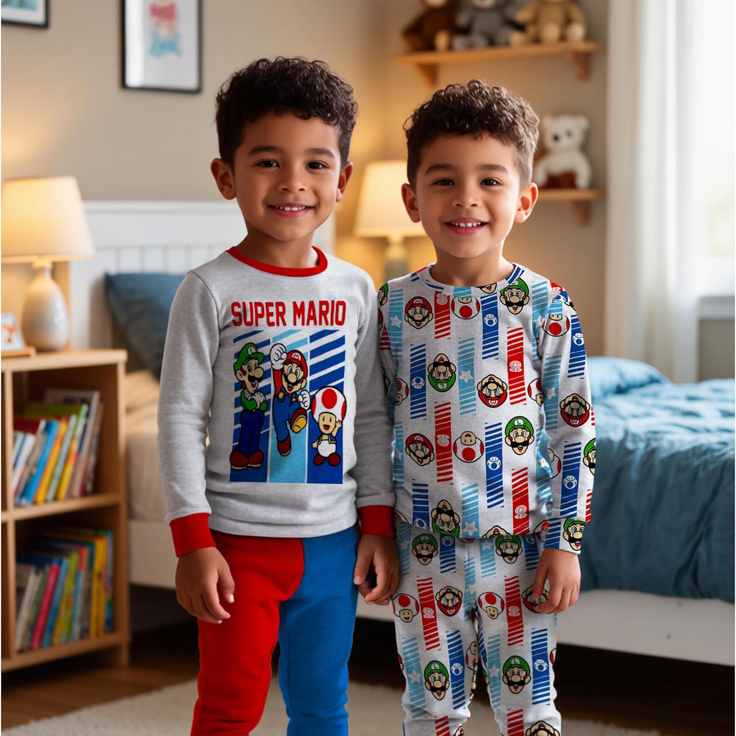 Super Mario 4 Piece Pajama Set - Toddler Boys PJ Set with Long Sleeve Shirt & Pants - Kids Sleepwear Set - Official License