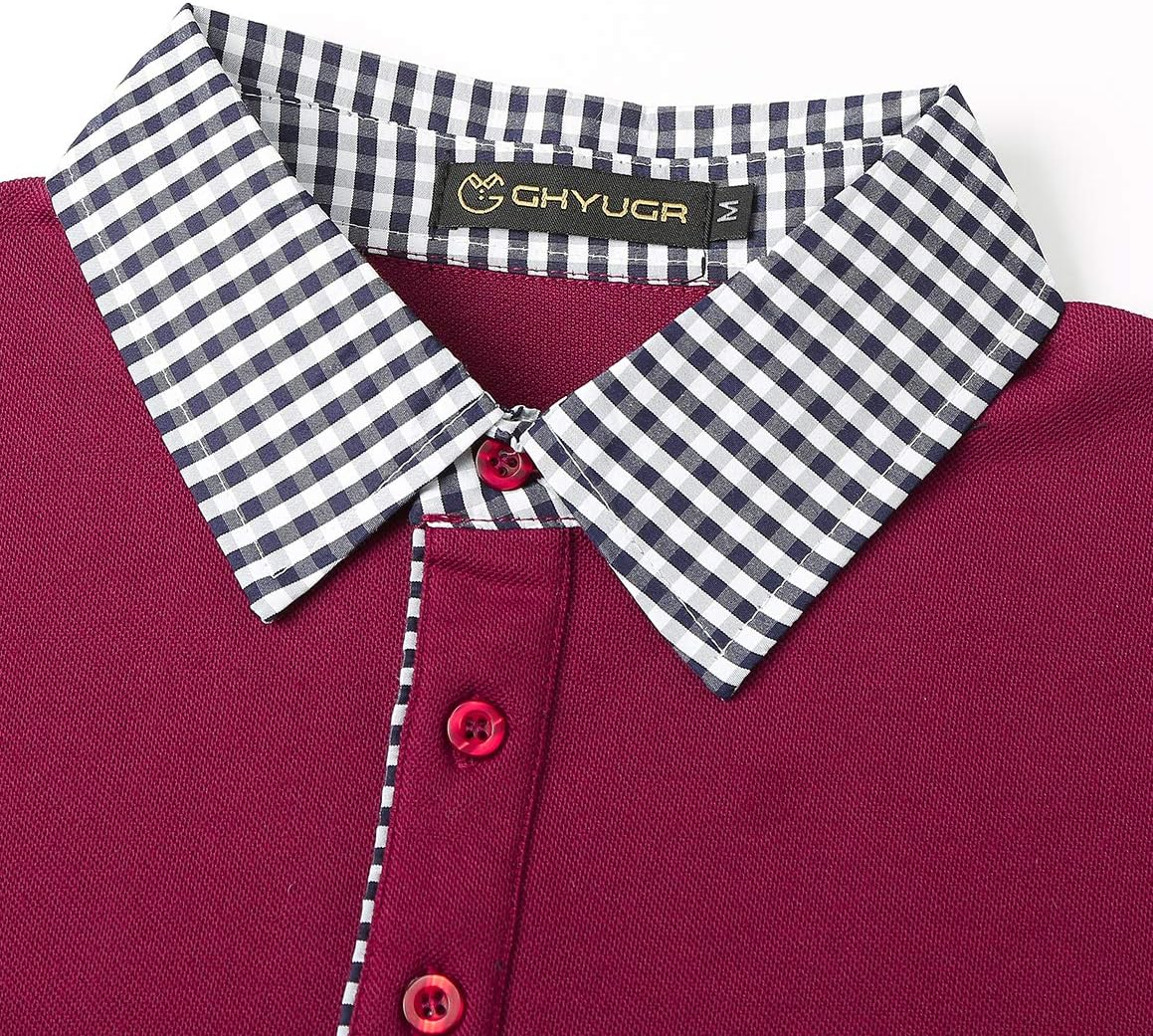 GHYUGR Men's Polo Shirts Short Sleeve Slim Fit Polo Casual Plaid Splice T-Shirts - Image 3