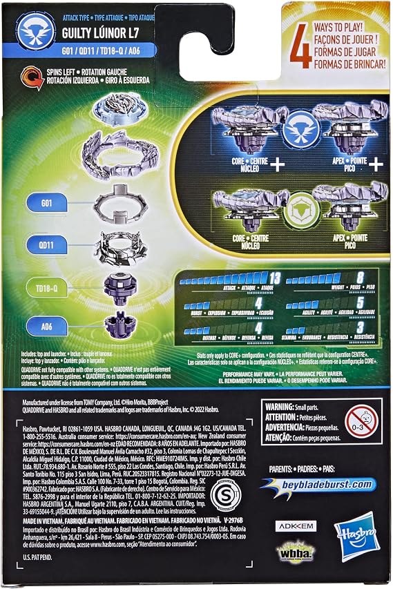 Beyblade Burst QuadDrive Guilty Lúinor L7 Spinning Top Starter Pack - Attack/Defense Type Battling Game with Launcher Toy for Children