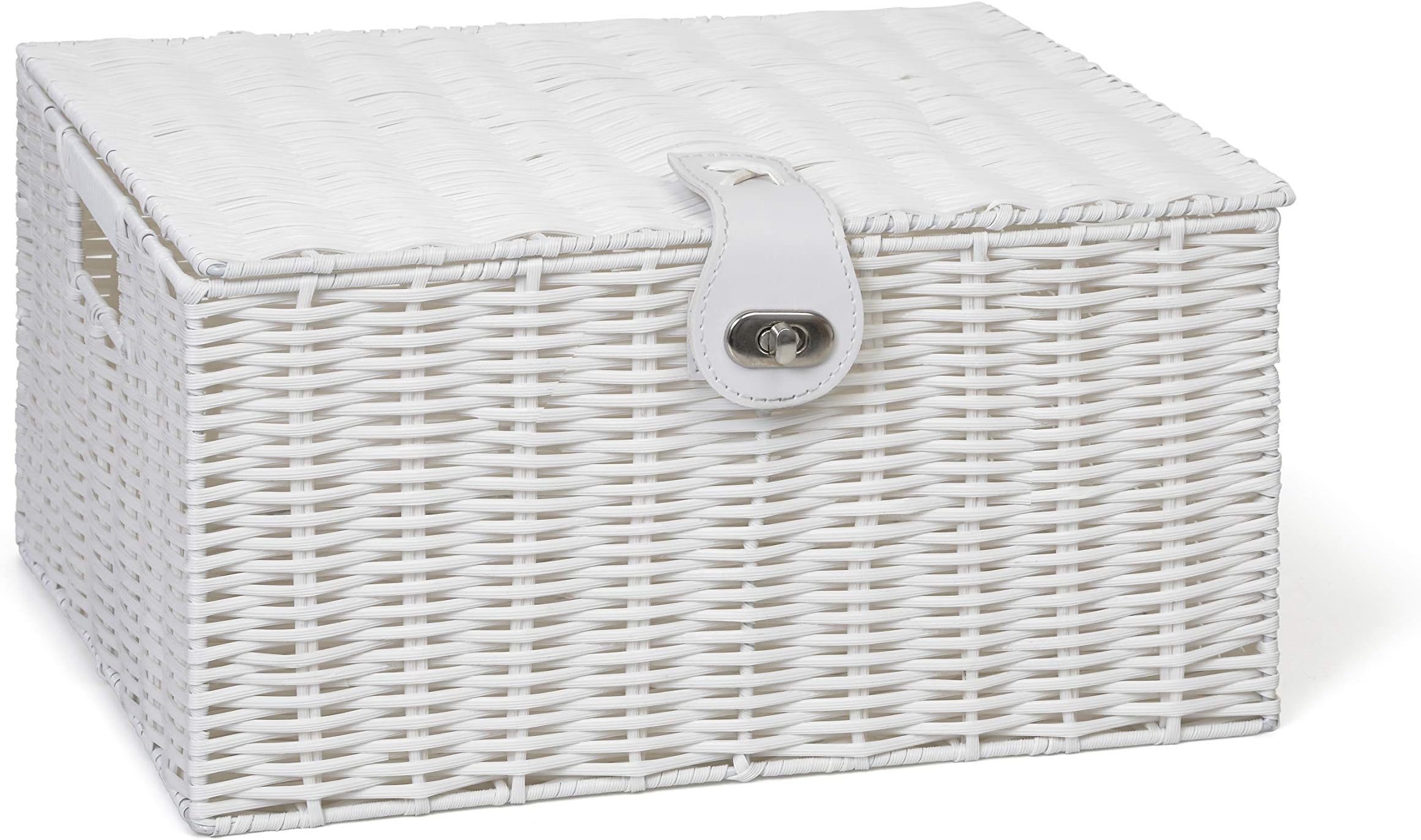 ARPAN Large Resin Woven Storage Basket Box With Lid & Lock - White