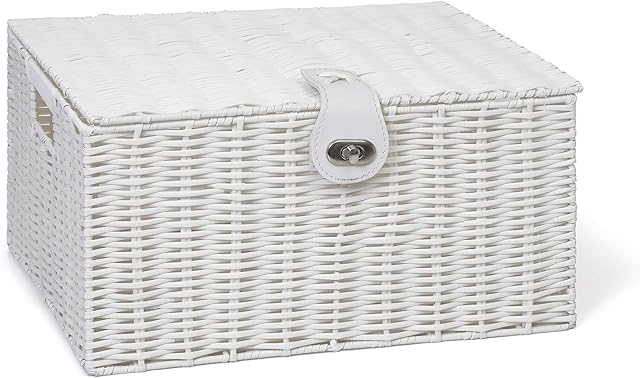 Arpan Large Resin Woven Storage Basket Box with Lid & Lock - White
