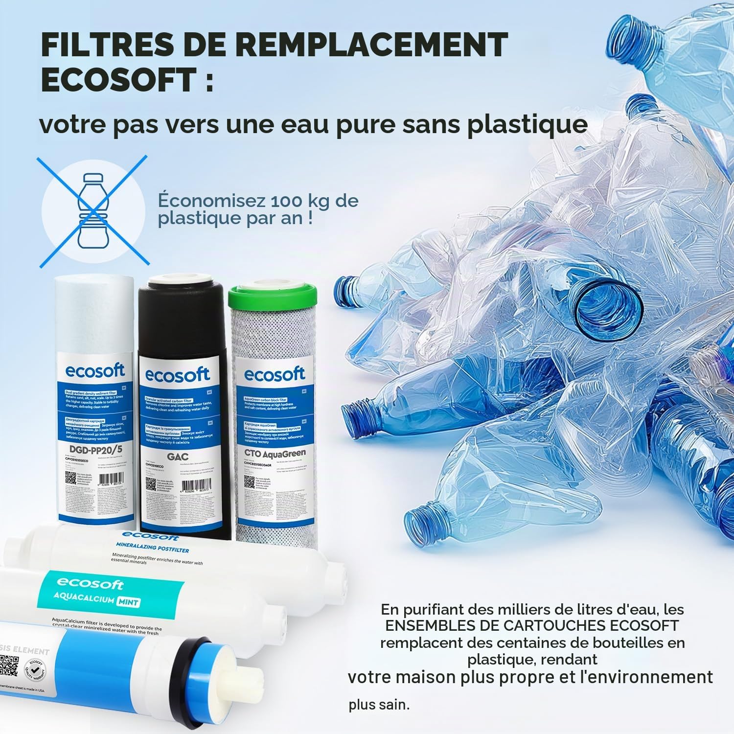 Ecosoft Pure AquaCalcium Mint Lot de 6 filtres de rechange pour osmose inverse, membrane RO 75 GPD et reminéraliseur de calcium, changement tous les 12 mois