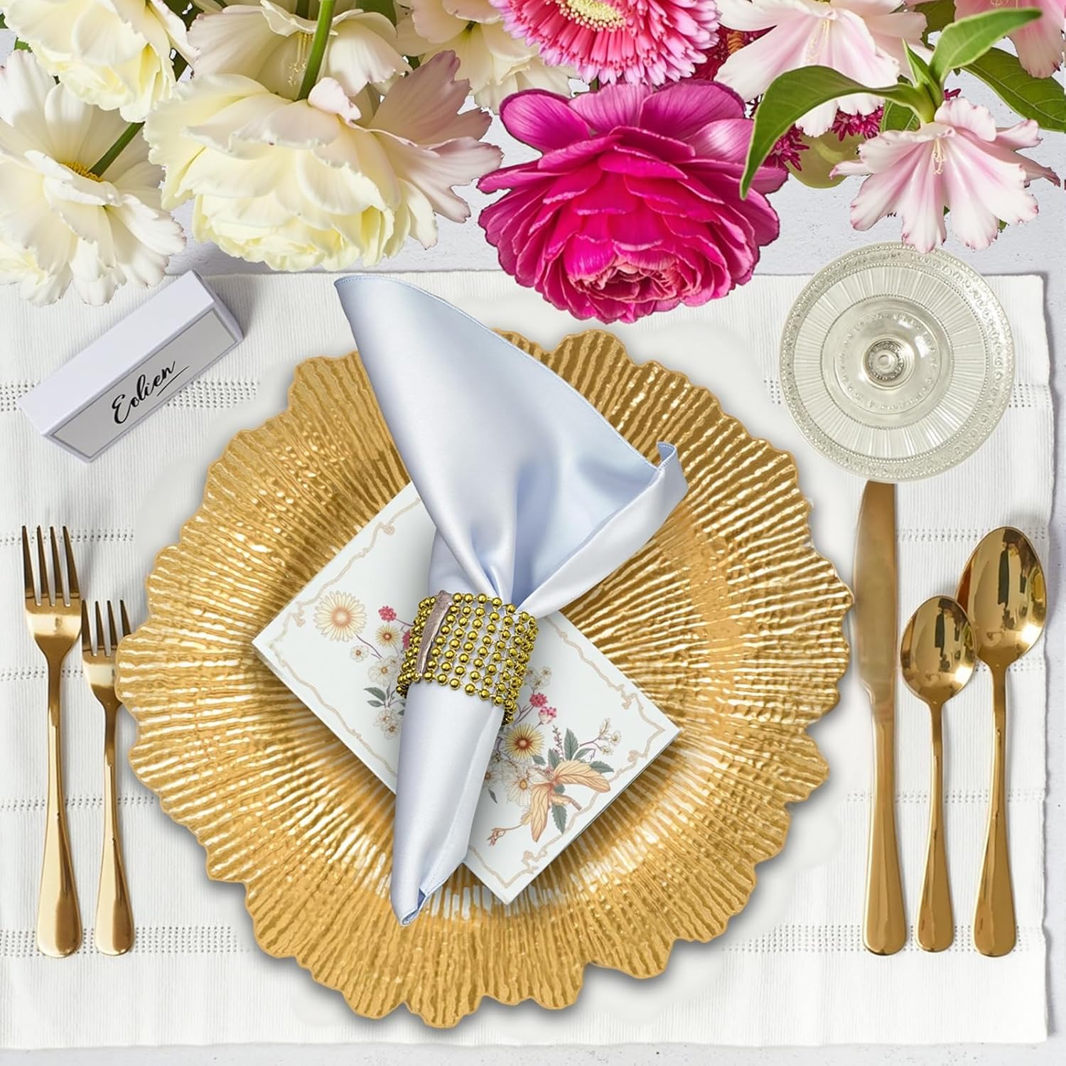 PROY 200Pcs Charger Plates Set Bulk, 100 Pcs 13'' Gold Reef Charger Plates 100 Napkin Ring for Dinner, Gold Chargers for Table Setting, Wedding