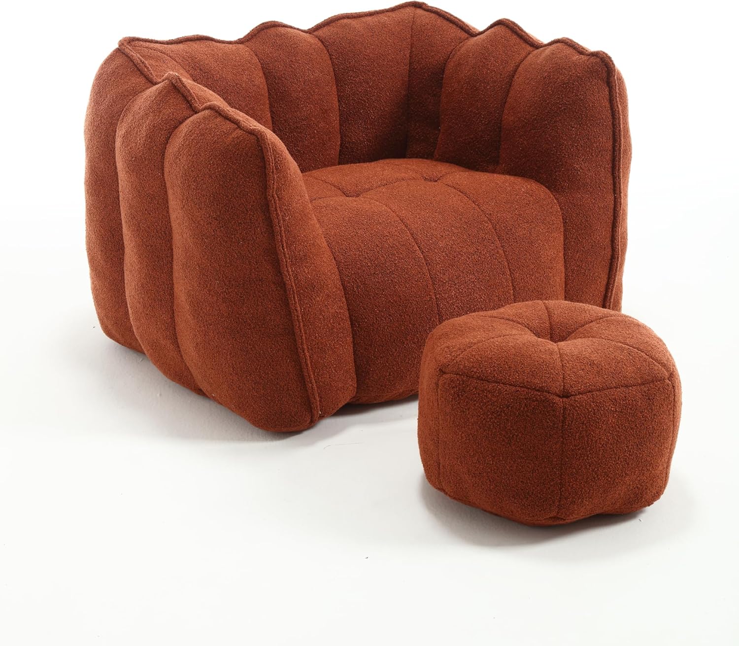 Ball & Cast Chenille Bean Bag Chairs for Adults, Comfy Beanbag Lounge Arm Chair with Ottoman Stool and High Resilient Foam Chips, Super Lazy Sofa Floor-Chair Footstool Set, No Assembly, Red Brown