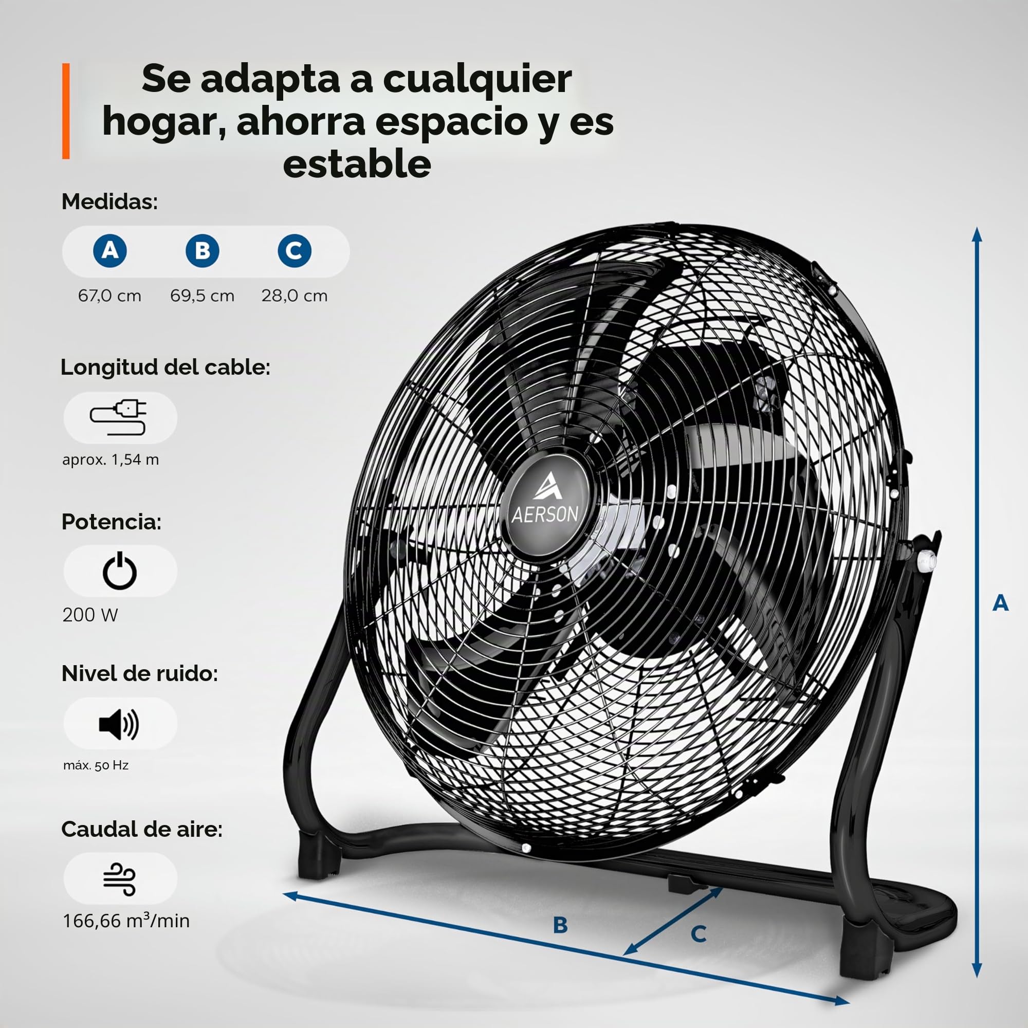 TRESKO AERSON Ventilador de suelo 60 cm | Ventilador de pie 200 W | con 3 niveles de potencia | Alto flujo de aire | Construcción robusta de metal | Inclinable a 110 grados