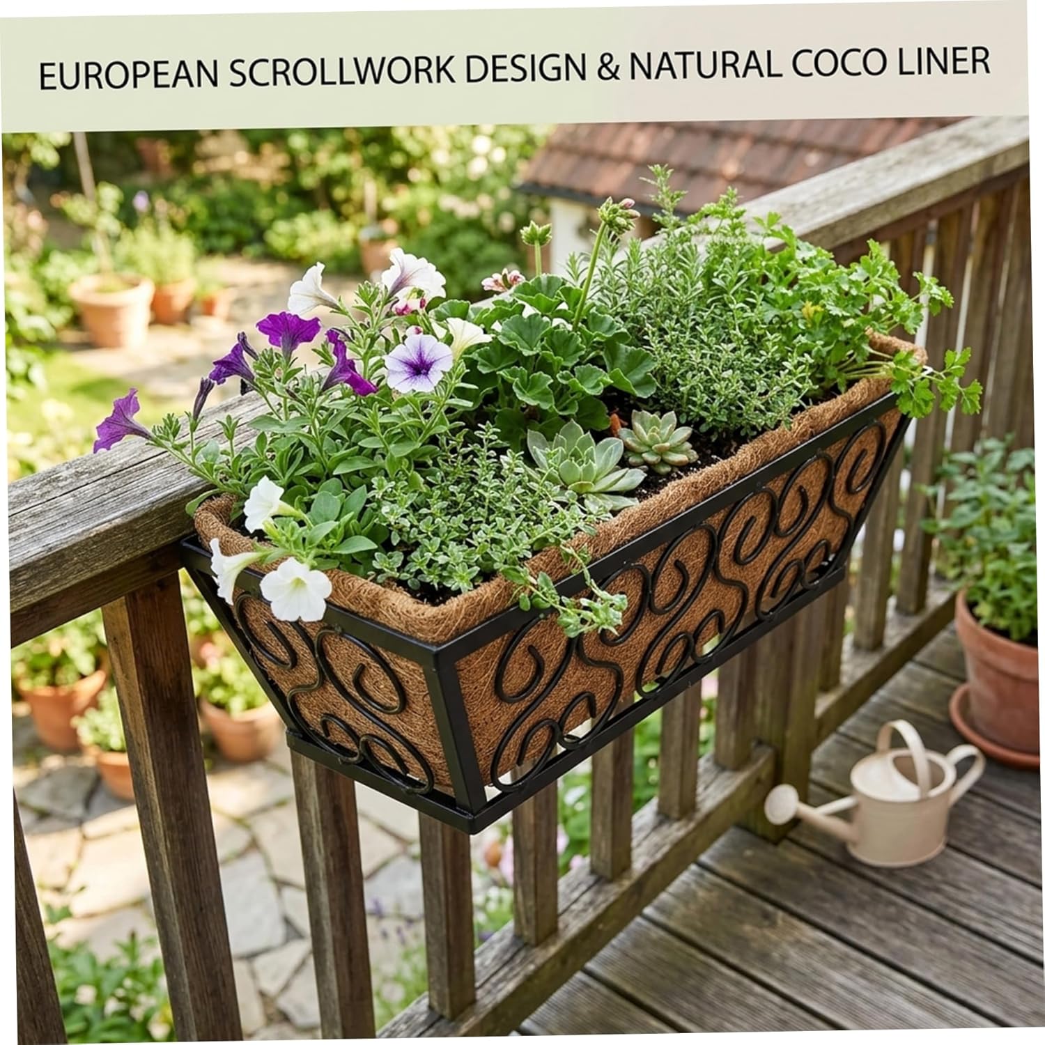Deck Rail Planter 2 Pack Railing Planter Box, 16 Inch Hanging with Adjustable Brackets & Coconut Liner for Balcony, Deck, Porch Gardening