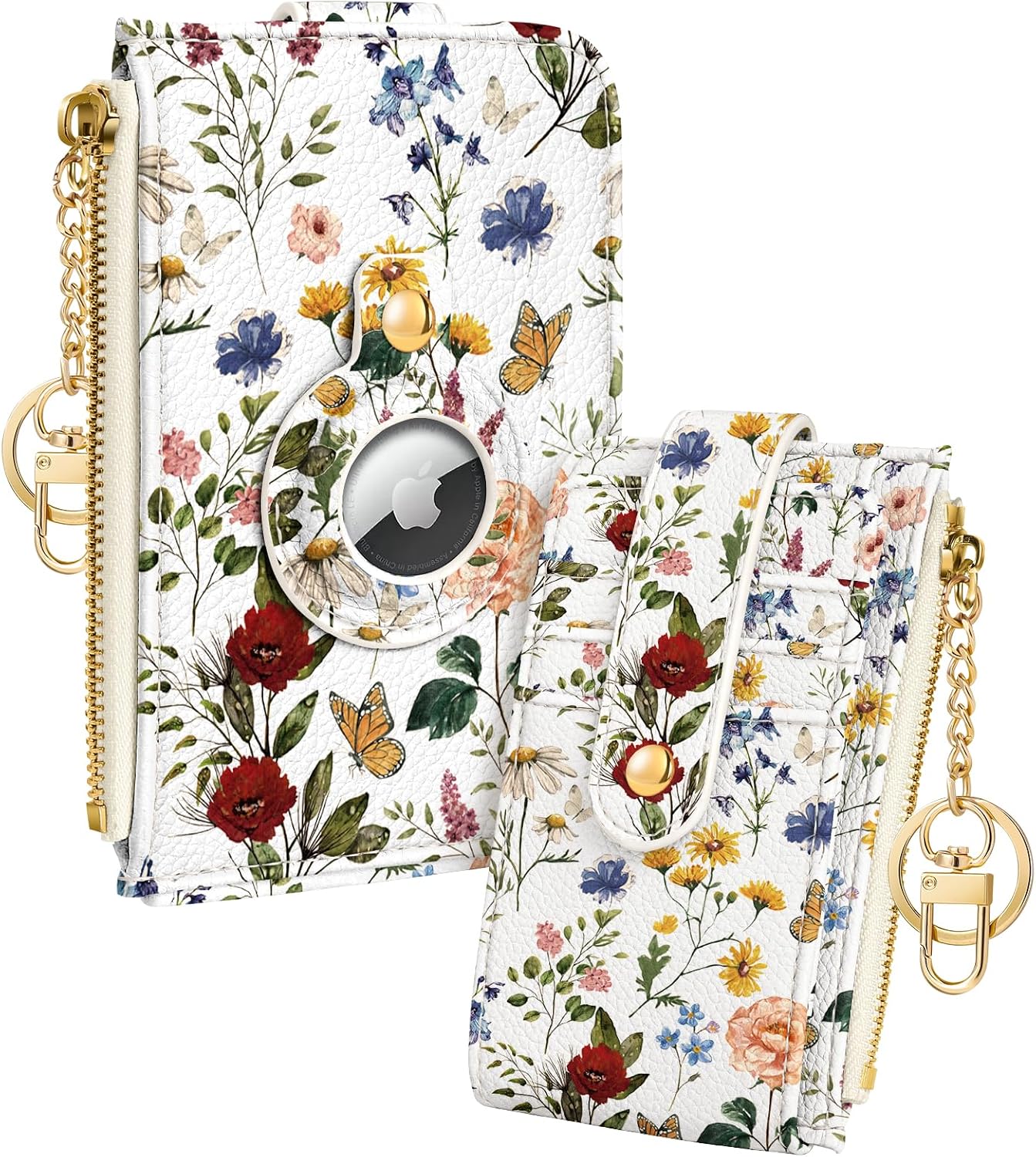 Cute Card Wallet Women with AirTag Holder – Retro Floral Genuine Leather Small Wallets with Keychain RFID Credit Cardholder Air Tag Aesthetic Coin Purse for Female Ladies Teen Girls